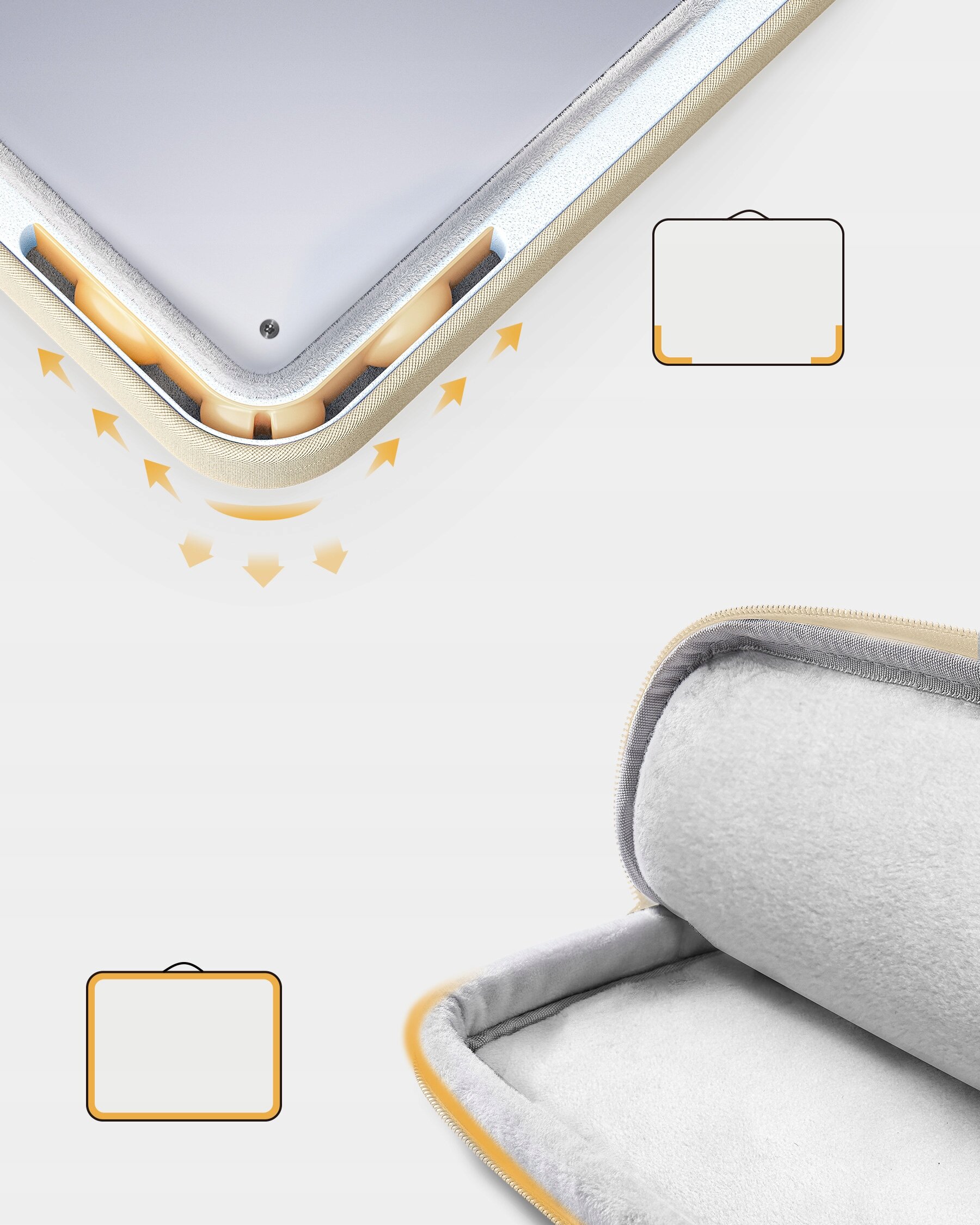 Zdjęcie przedstawia beżową torbę na laptopa z miękkim wnętrzem, pokazującą szczegóły ochrony narożników. Na zdjęciu znajdują się również schematyczne ikony walizki.
