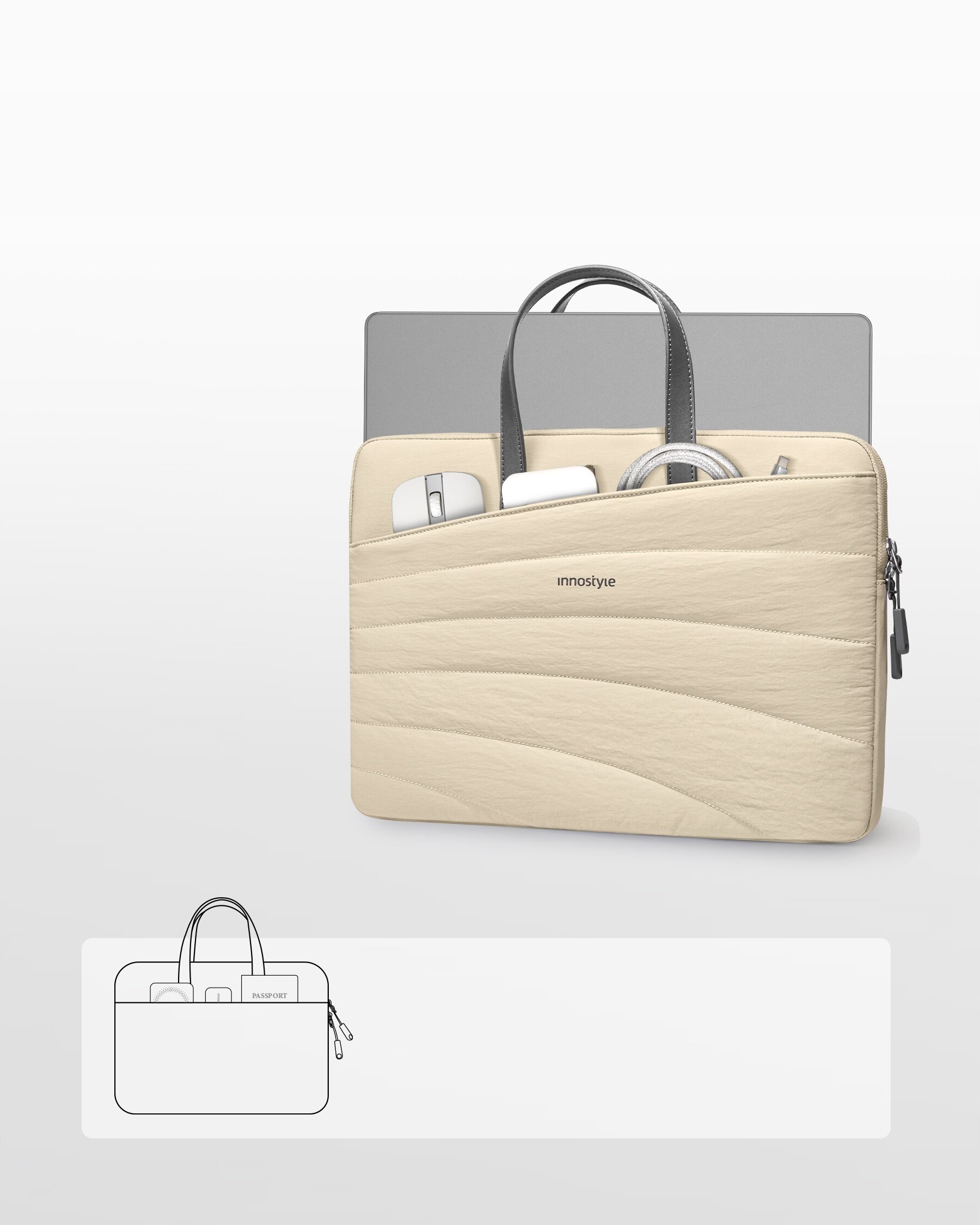 Beżowa torba na laptopa z logo \'innostyle\', z kieszeniami na akcesoria, takimi jak myszka i ładowarka. W tle widoczny jest zarys laptopa, a poniżej schematyczny rysunek torby.