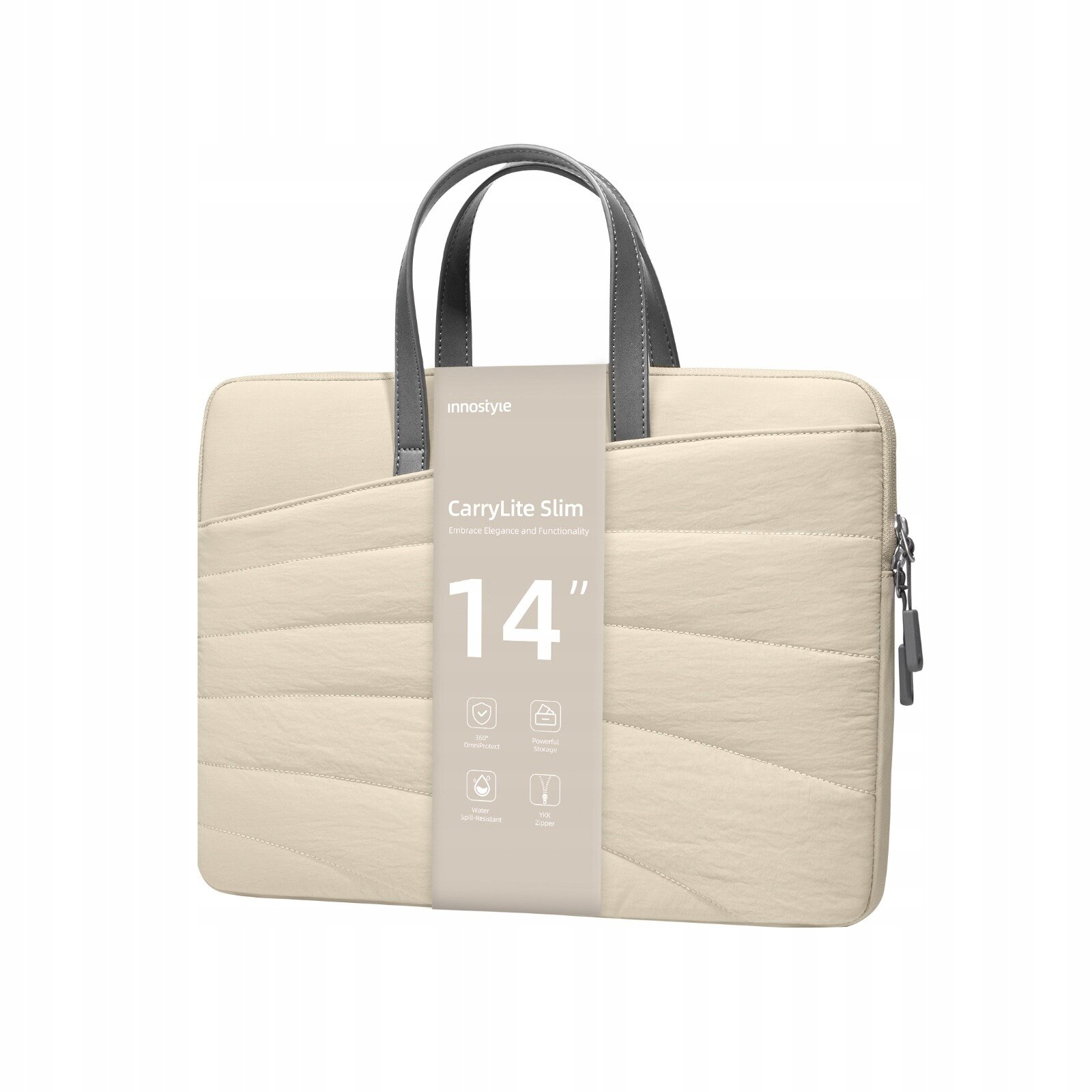Beżowa torba na laptopa z szarymi uchwytami, oznaczona jako \'Innostyle CarryLite Slim 14\'.