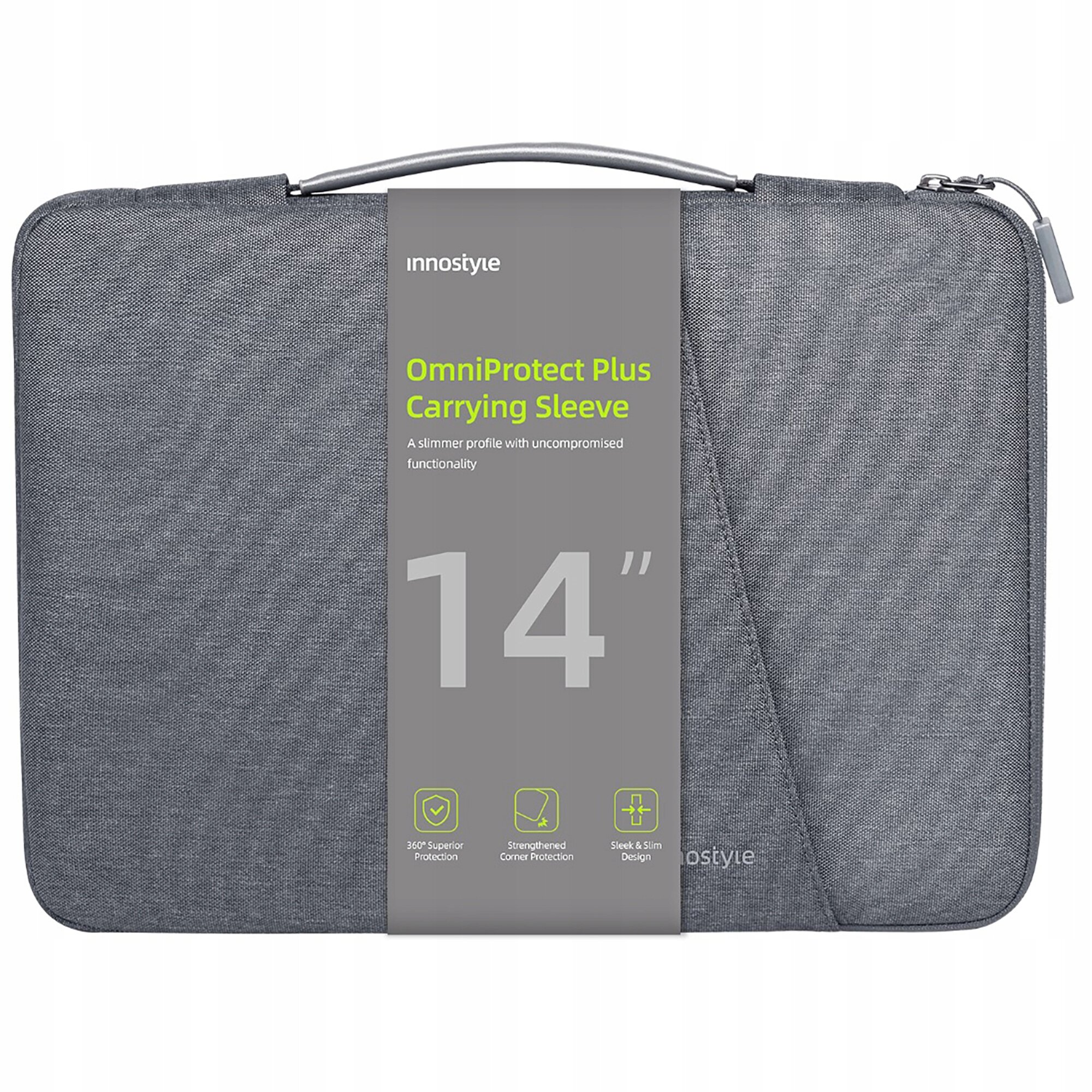 Szara torba na laptopa z uchwytem, oznaczona jako \'OmniProtect Plus Carrying Sleeve 14\