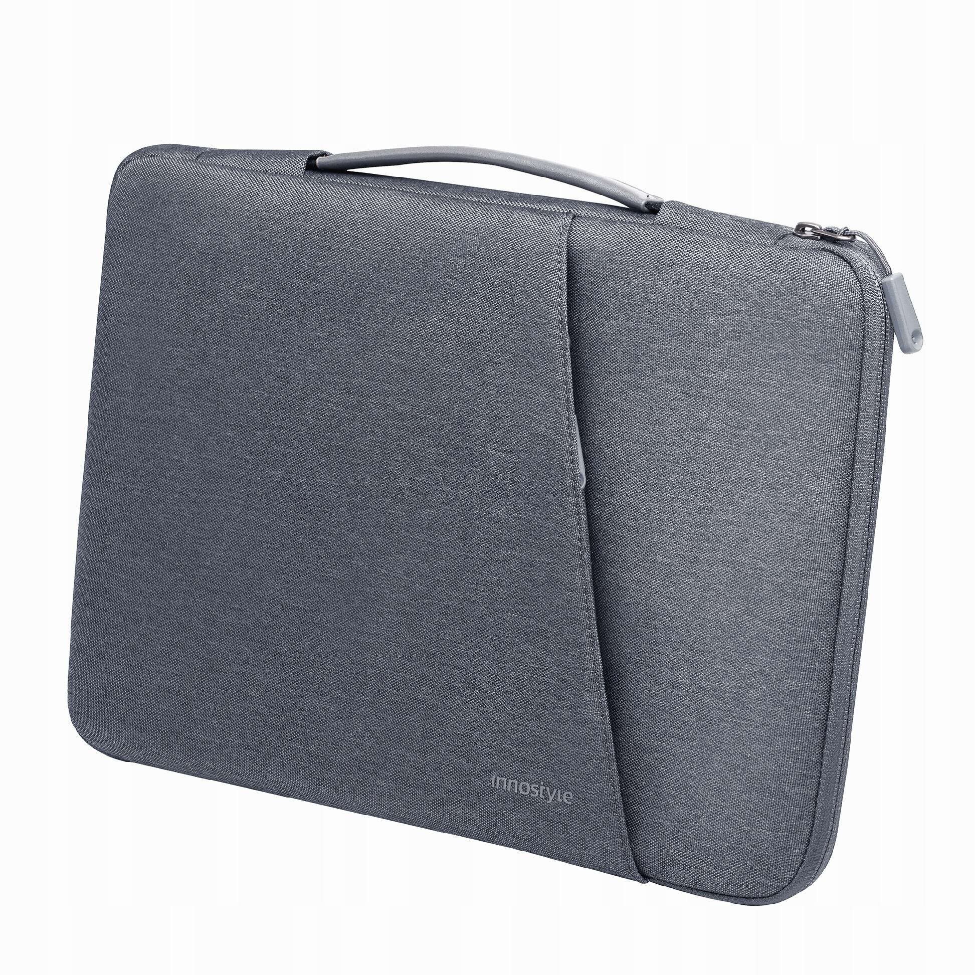 Szara torba na laptopa z uchwytem i zamkiem błyskawicznym, z widocznym logo \'innostyle\'.