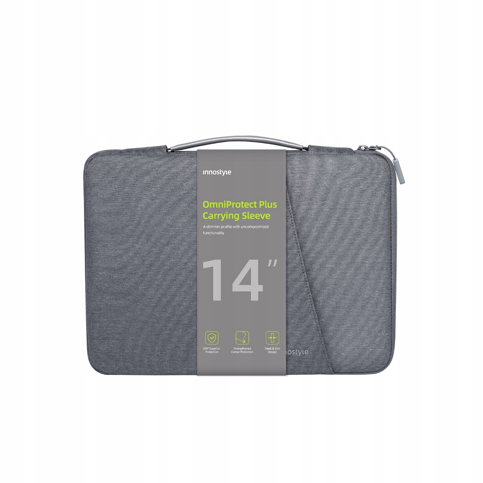 Szara torba na laptopa z uchwytem, oznaczona jako \'OmniProtect Plus Carrying Sleeve 14\
