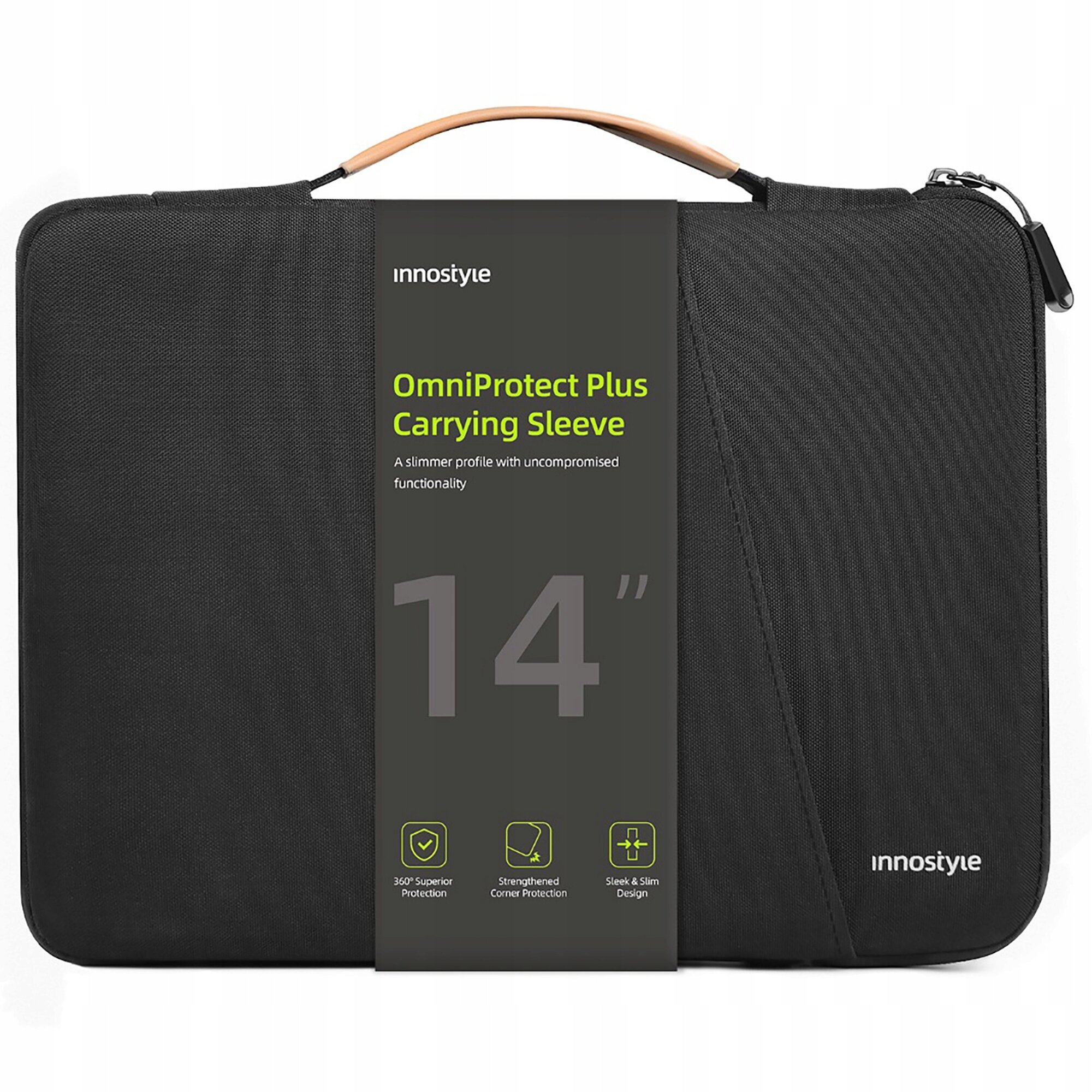 Czarna torba na laptopa z brązowym uchwytem, z widocznym logo \'innostyle\' oraz tekstem \'OmniProtect Plus Carrying Sleeve 14\
