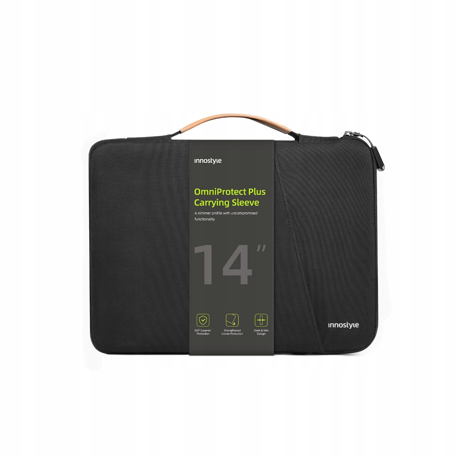 Czarna torba na laptopa z brązowym uchwytem, oznaczona jako \'innostyle OmniProtect Plus Carrying Sleeve 14\