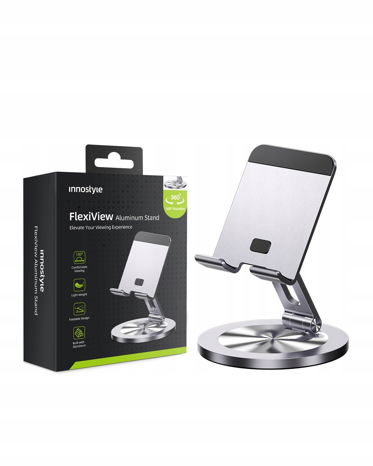 Na obrazie widoczny jest aluminiowy stojak na telefon lub tablet oraz jego opakowanie z napisem \'Innostyle FlexiView Aluminum Stand\'. Stojak ma okrągłą podstawę i regulowane ramię, a na opakowaniu znajdują się ikony przedstawiające funkcje produktu.