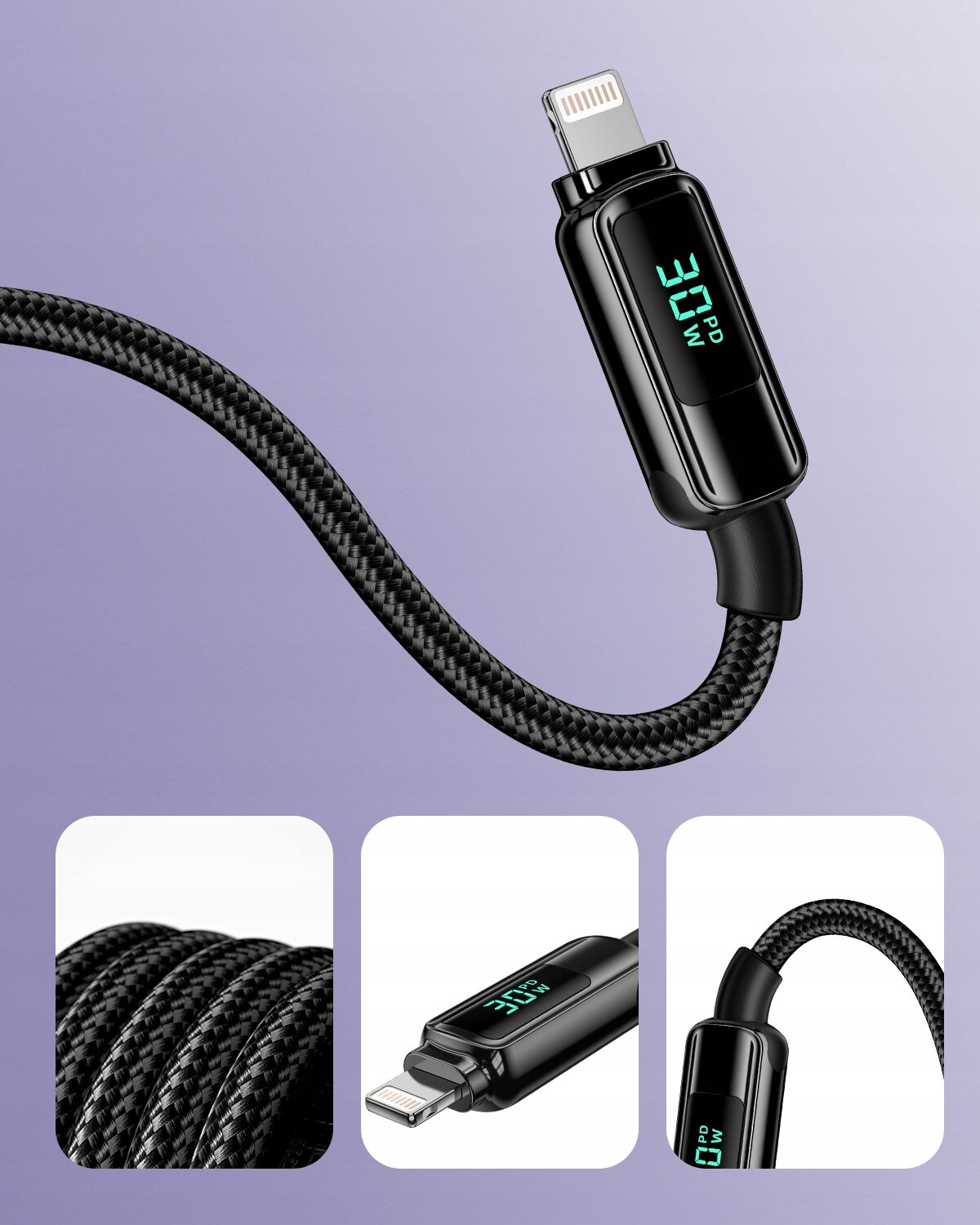 Zdjęcie przedstawia czarny kabel z wyświetlaczem, na którym widnieje napis \'30W PD\'. Kabel ma plecioną strukturę i zakończony jest złączem Lightning.