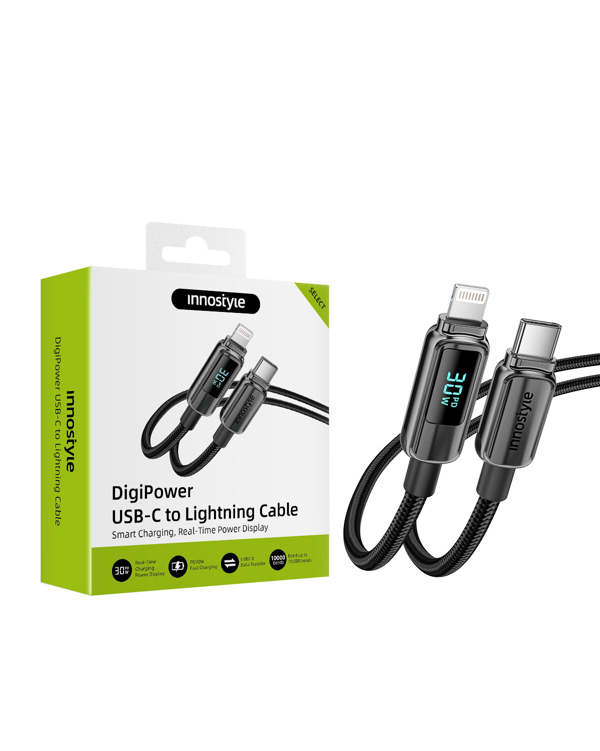 Opakowanie i kabel USB-C do Lightning marki innostyle z wyświetlaczem pokazującym \'30W PD\'. Na opakowaniu widnieje napis \'DigiPower USB-C to Lightning Cable\'.