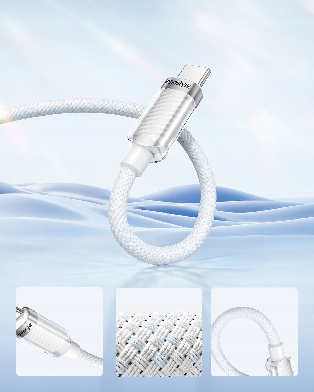 Zdjęcie przedstawia biały kabel USB-C z metalową końcówką, na której widnieje napis \'Innostyle\', na tle niebieskich fal. Poniżej znajdują się trzy zbliżenia na różne części kabla, ukazujące jego teksturę i detale.