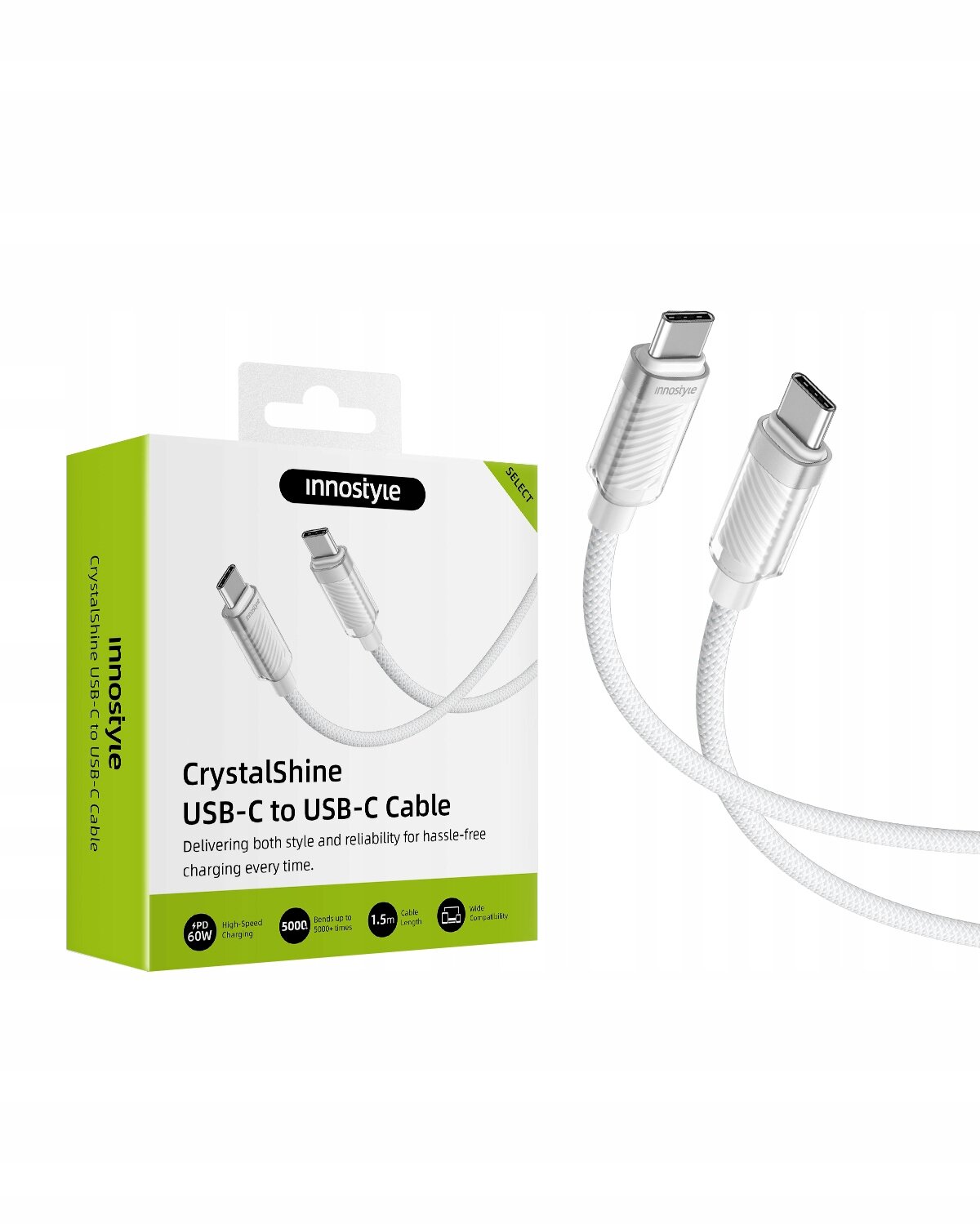 Opakowanie kabla USB-C do USB-C marki innostyle z serii CrystalShine, obok widoczny biały kabel z metalowymi końcówkami. Na opakowaniu napis: \'CrystalShine USB-C to USB-C Cable\'.