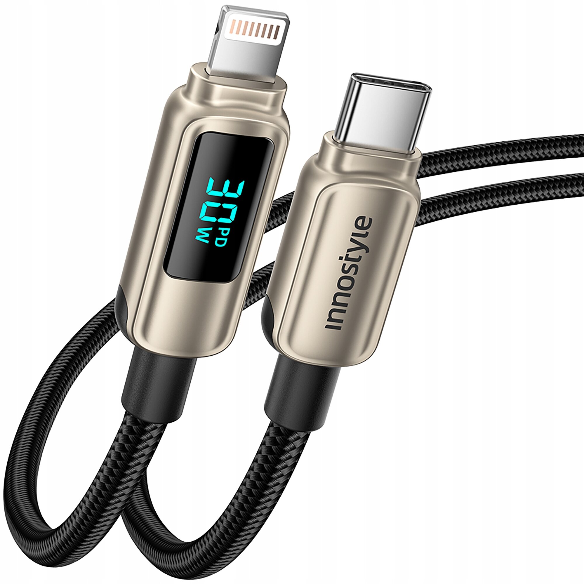 Kabel z wyświetlaczem pokazującym \'30 PD W\' oraz złączami USB-C i Lightning. Na obudowie kabla widoczne jest logo \'Innostyle\'.