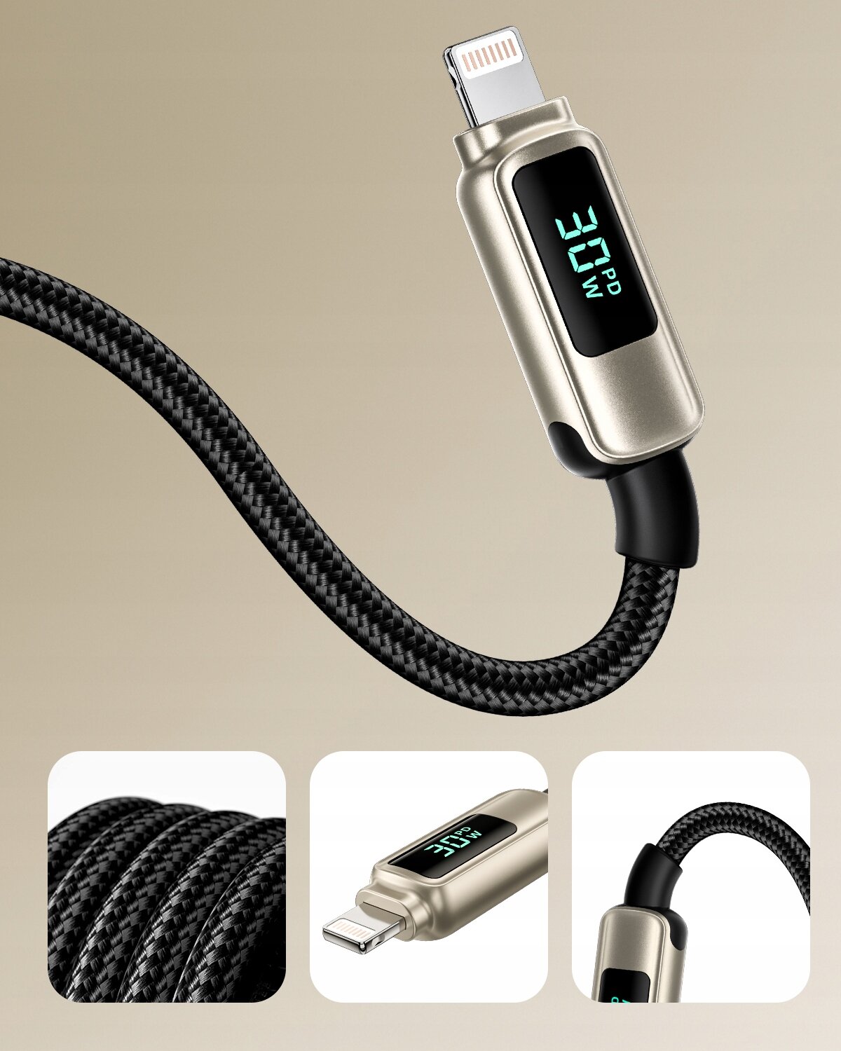 Zdjęcie przedstawia kabel z wyświetlaczem, na którym widoczny jest napis \'30W PD\'. Kabel ma plecioną strukturę i metaliczne złącze.