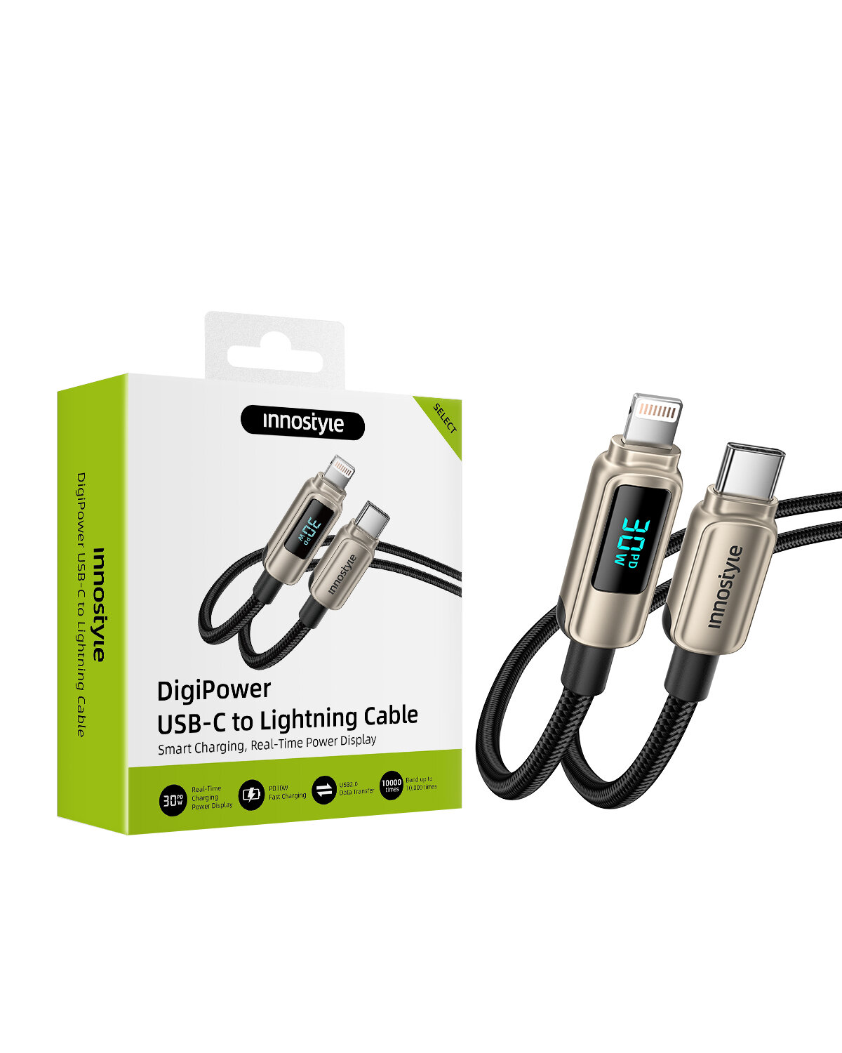 Opakowanie i kabel USB-C do Lightning marki innostyle z wyświetlaczem pokazującym 30W. Na opakowaniu widnieje napis: \'DigiPower USB-C to Lightning Cable\'.