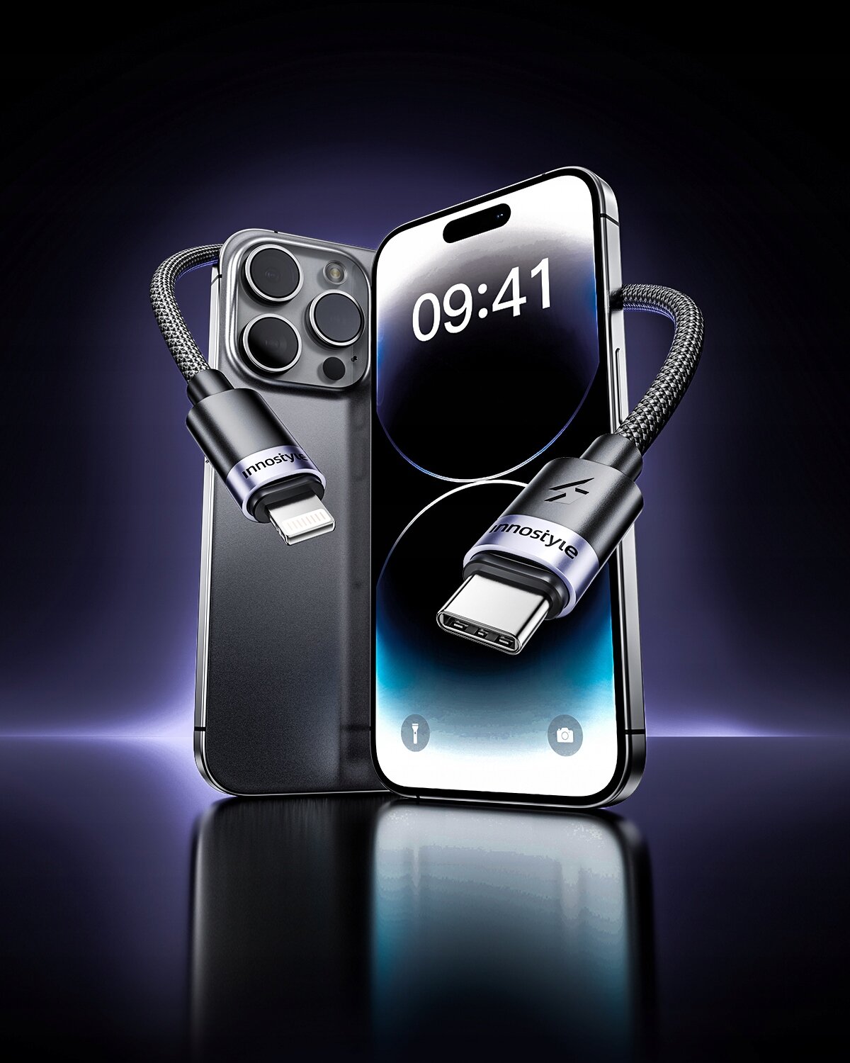 Na zdjęciu widoczny jest telefon z wyświetlaczem pokazującym godzinę 09:41 oraz dwa kable USB-C Lightning z napisem \'Innostyle\'.