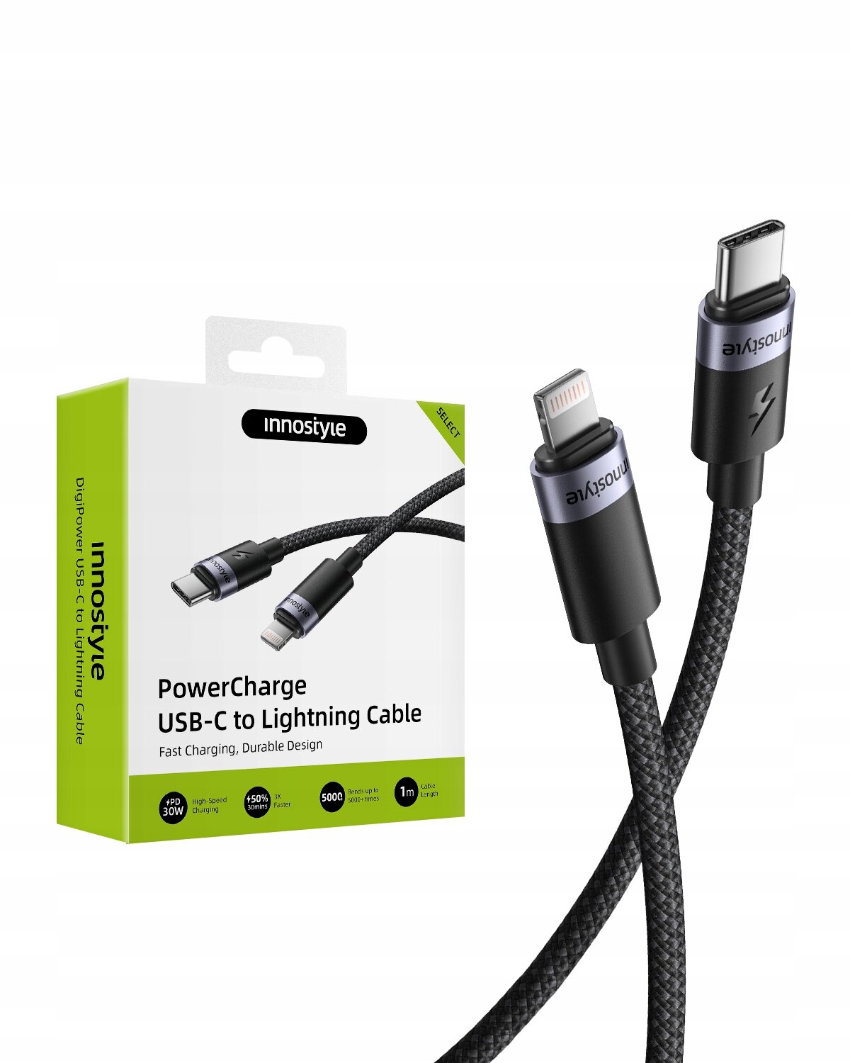 Na obrazie widoczny jest kabel USB-C do Lightning z plecionym czarnym przewodem oraz opakowanie z logo \'innostyle\'. Na opakowaniu napisano: \'PowerCharge USB-C to Lightning Cable, Fast Charging, Durable Design\'.