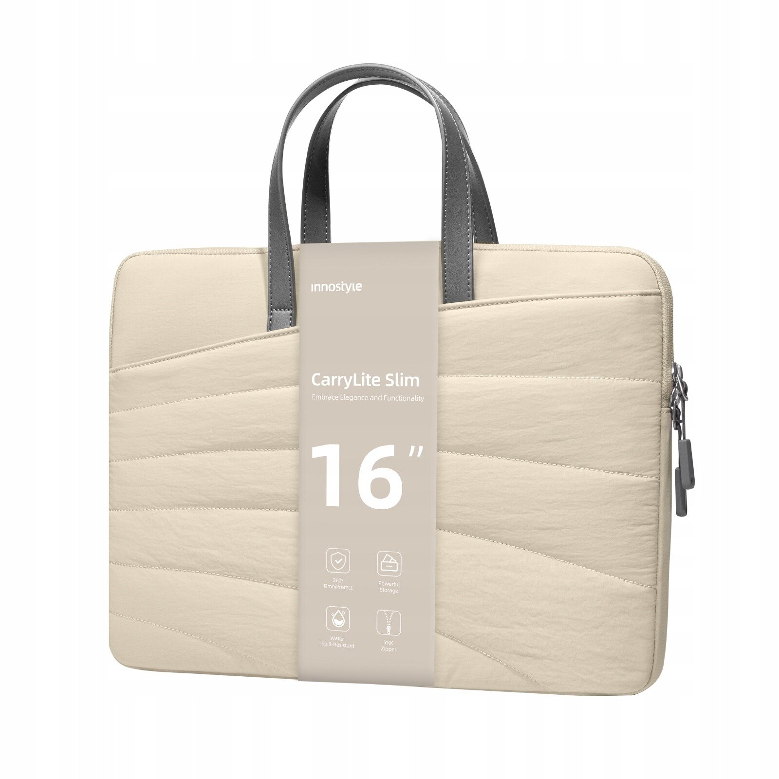 Beżowa torba na laptopa z szarymi uchwytami, oznaczona jako \'CarryLite Slim 16\