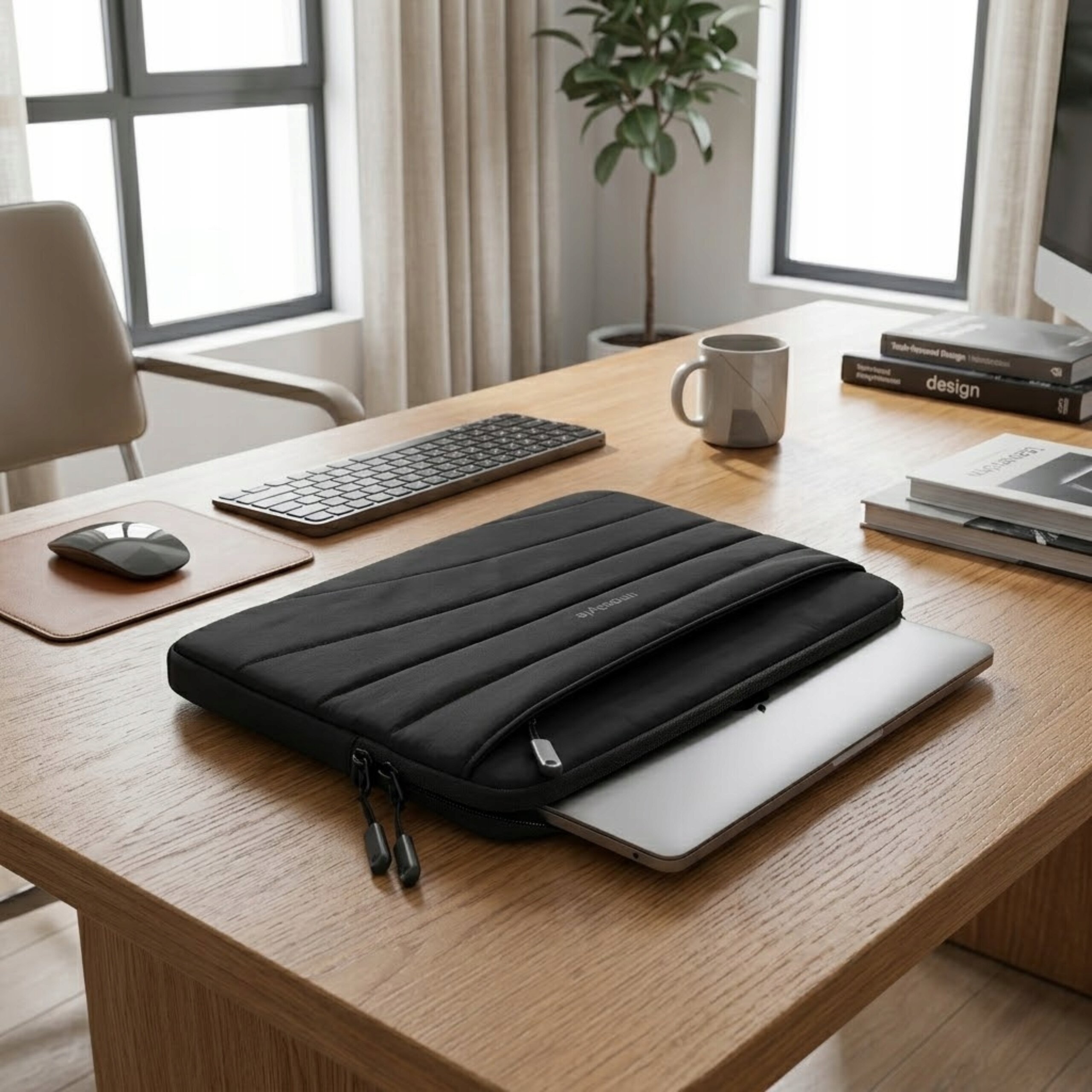 Na drewnianym biurku znajduje się czarna torba na laptopa z widocznym napisem \'Innostyle\', częściowo otwarta, z wystającym laptopem. W tle widać klawiaturę, myszkę, kubek oraz książki z napisem \'design\'.