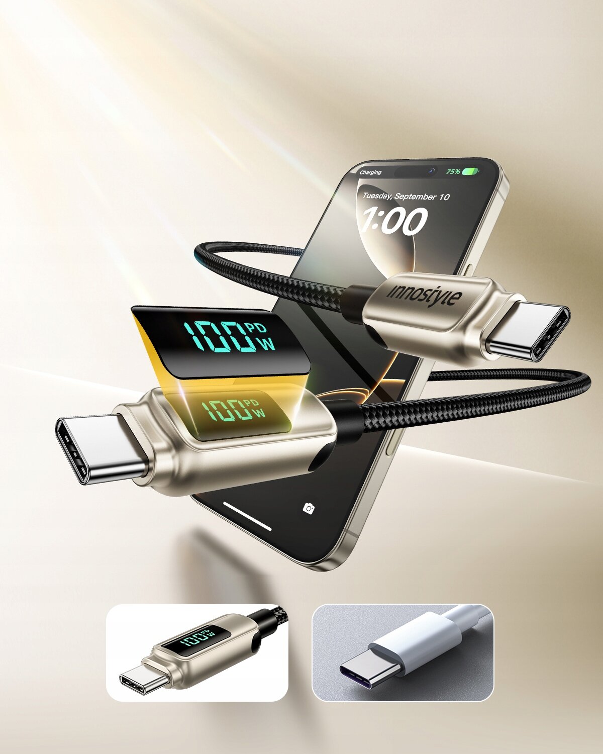 Na zdjęciu widoczny jest kabel USB-C z wyświetlaczem pokazującym \'100 PD W\', a w tle znajduje się smartfon z wyświetlaczem pokazującym godzinę 1:00 i datę Tuesday, September 10. Na kablu widoczne jest logo \'Innostyle\'.