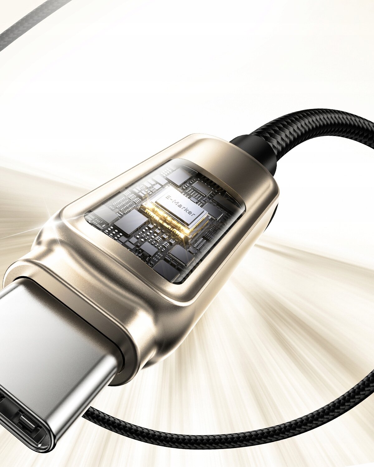 Zbliżenie na końcówkę kabla USB-C z widocznym wnętrzem układu elektronicznego i napisem \'E-Marker\'. Kabel ma plecioną osłonę i metaliczną obudowę z efektem świetlnym w tle.