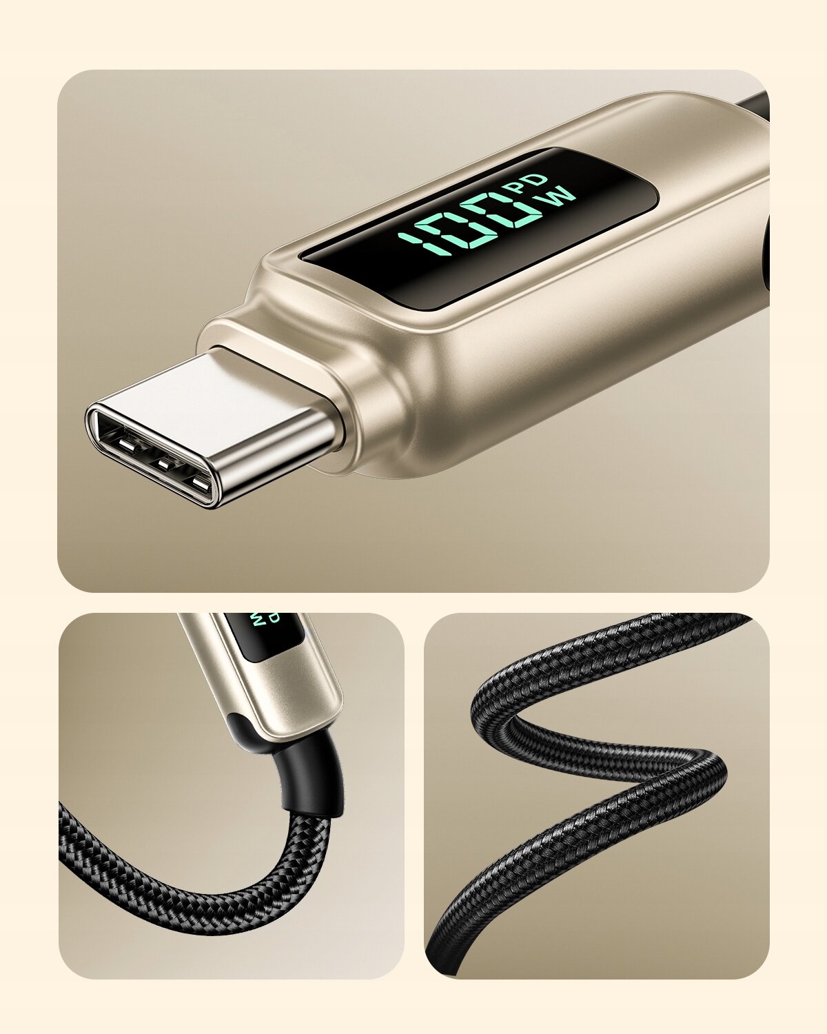 Obraz przedstawia kabel USB-C z metaliczną końcówką i wyświetlaczem pokazującym \'100 PD W\'. Kabel ma plecioną osłonę i jest elastyczny.