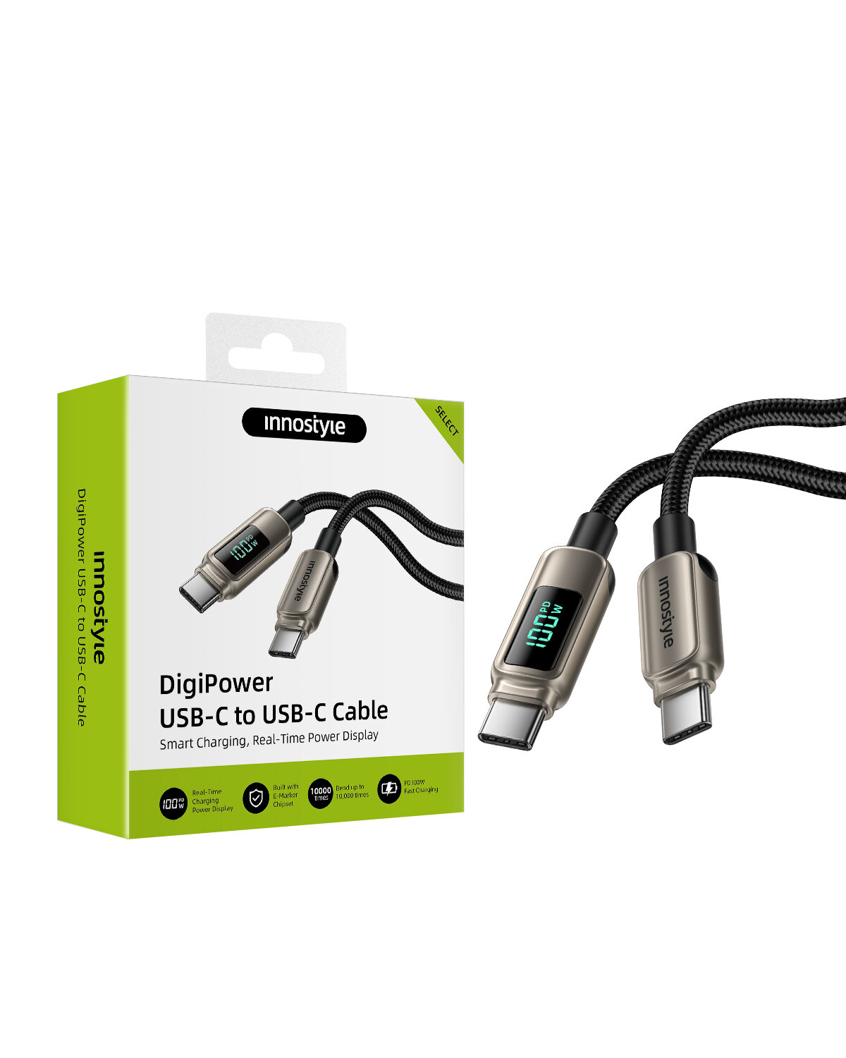 Na obrazie znajduje się opakowanie i kabel USB-C marki Innostyle z wyświetlaczem pokazującym moc ładowania. Opakowanie jest zielono-białe z napisem \'DigiPower USB-C to USB-C Cable\'.
