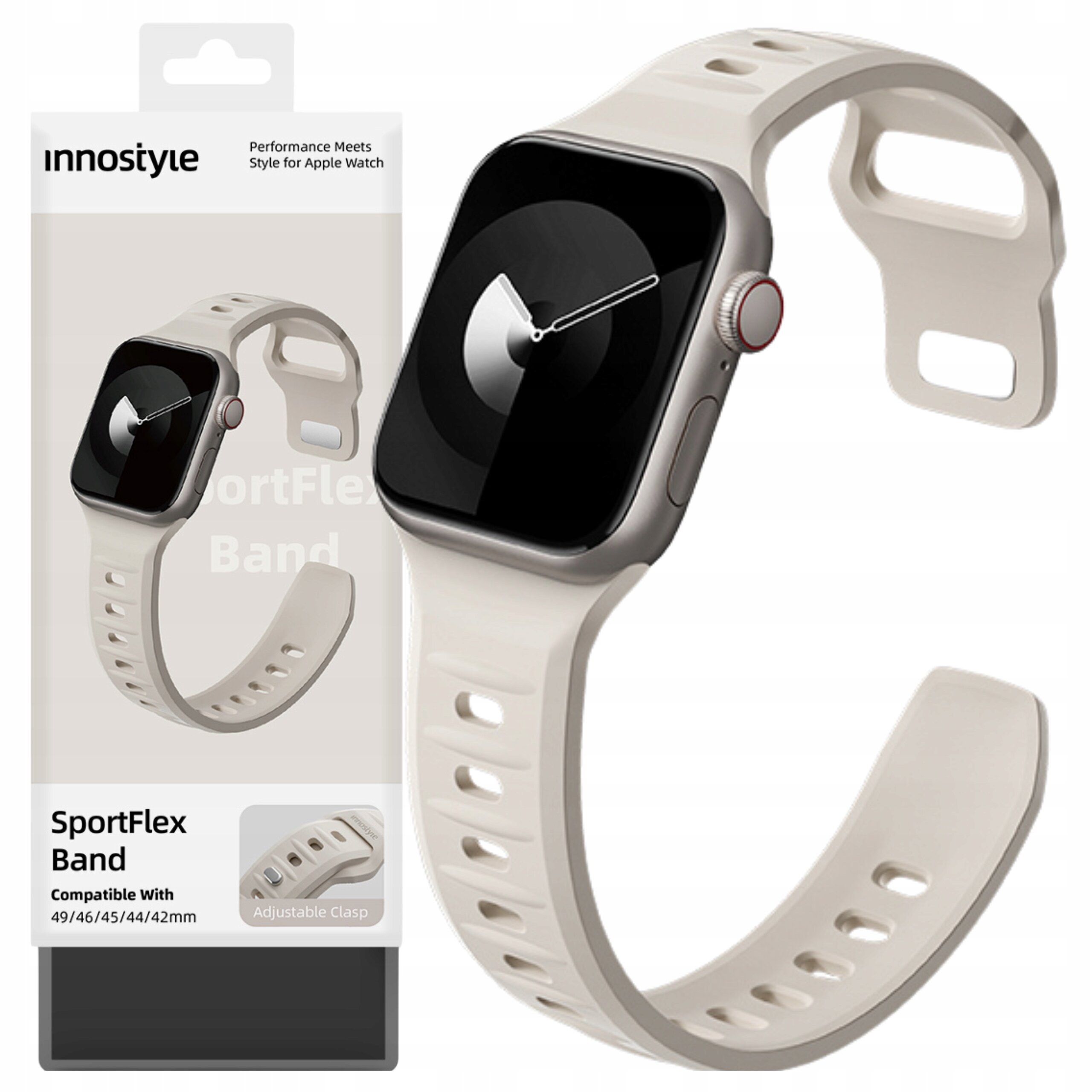 Obraz przedstawia beżowy silikonowy pasek do smartwatcha z dużym wyświetlaczem. Na opakowaniu widnieje napis: \'SportFlex Band Compatible With 49/46/45/44/42mm\'.