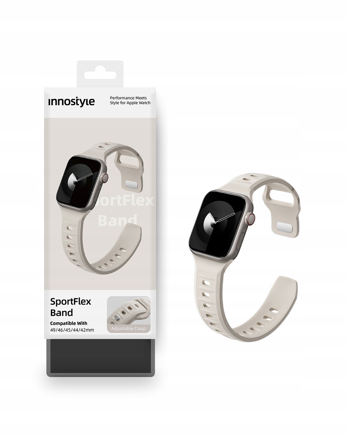 Obraz przedstawia beżowy silikonowy pasek do smartwatcha z opakowaniem marki Innostyle. Na opakowaniu widnieje napis: \'SportFlex Band Compatible With 49/46/45/44/42mm\'.