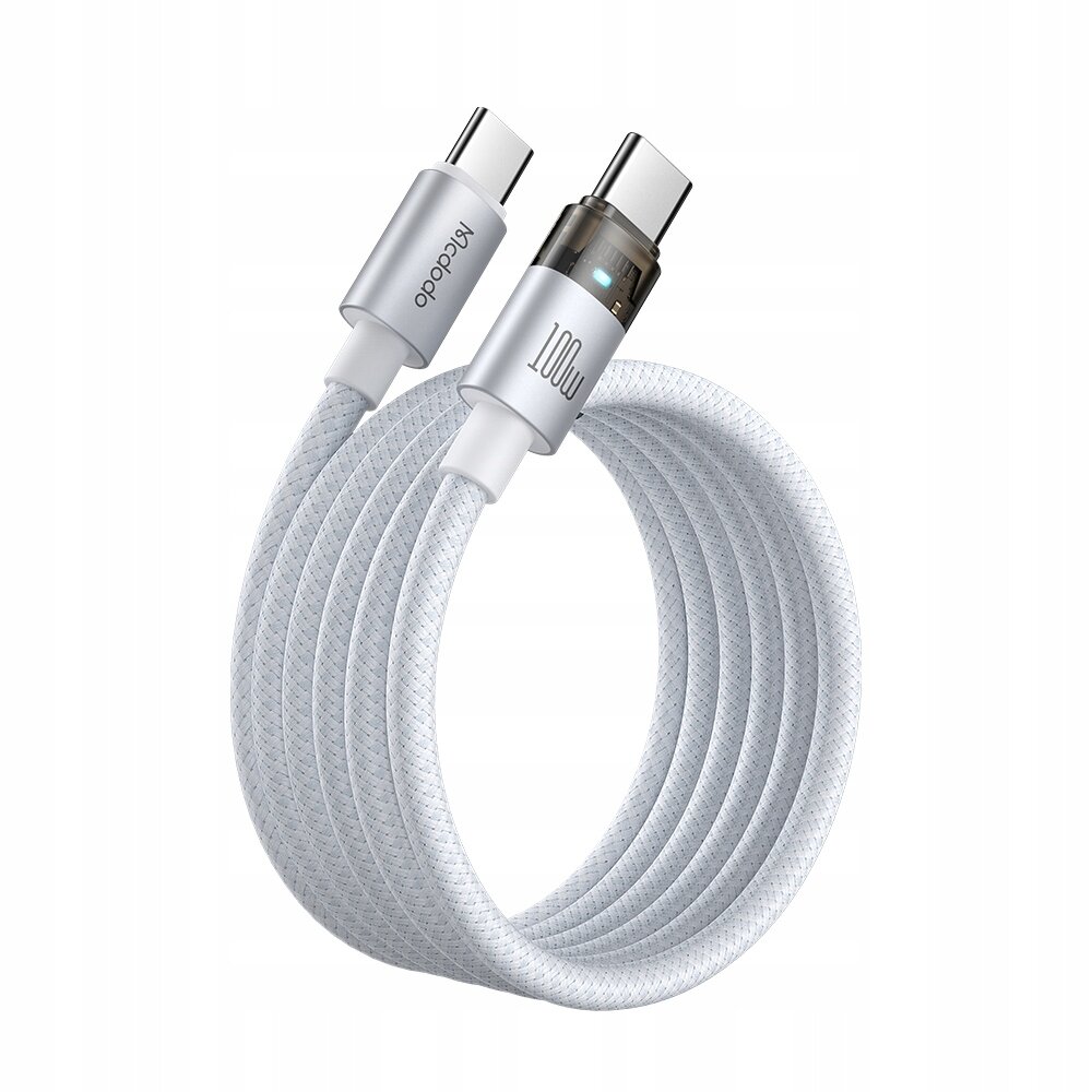 Biały kabel USB-C z plecionym oplotem, posiadający złącza z oznaczeniami \'Mcdodo\' i \'100W\'.