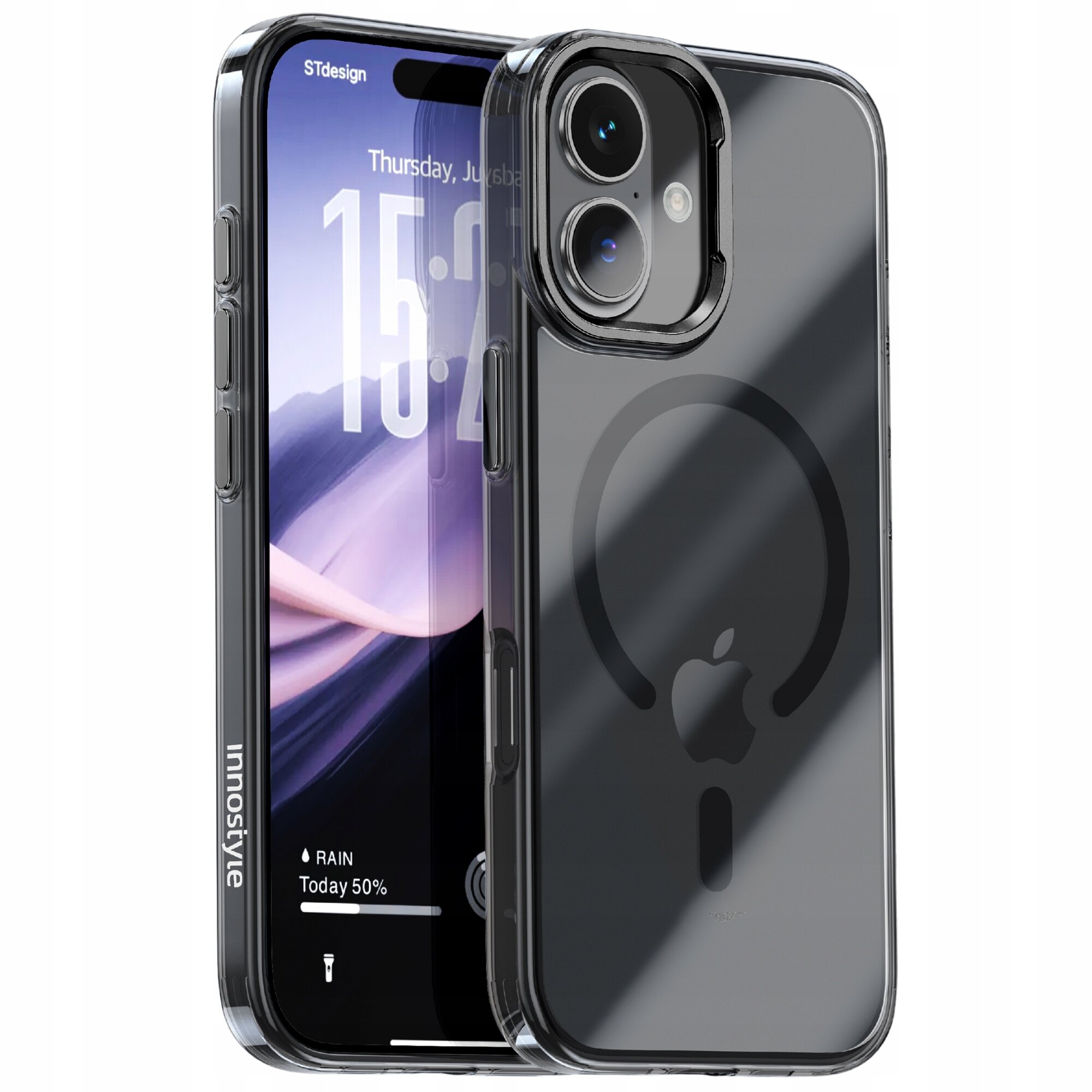 Czarne etui magnetyczne na telefon z widocznym logo Apple i napisem \'innostyle\' na boku. Na ekranie telefonu wyświetlana jest godzina 15:23 oraz informacja o pogodzie: \'RAIN Today 50%\'.