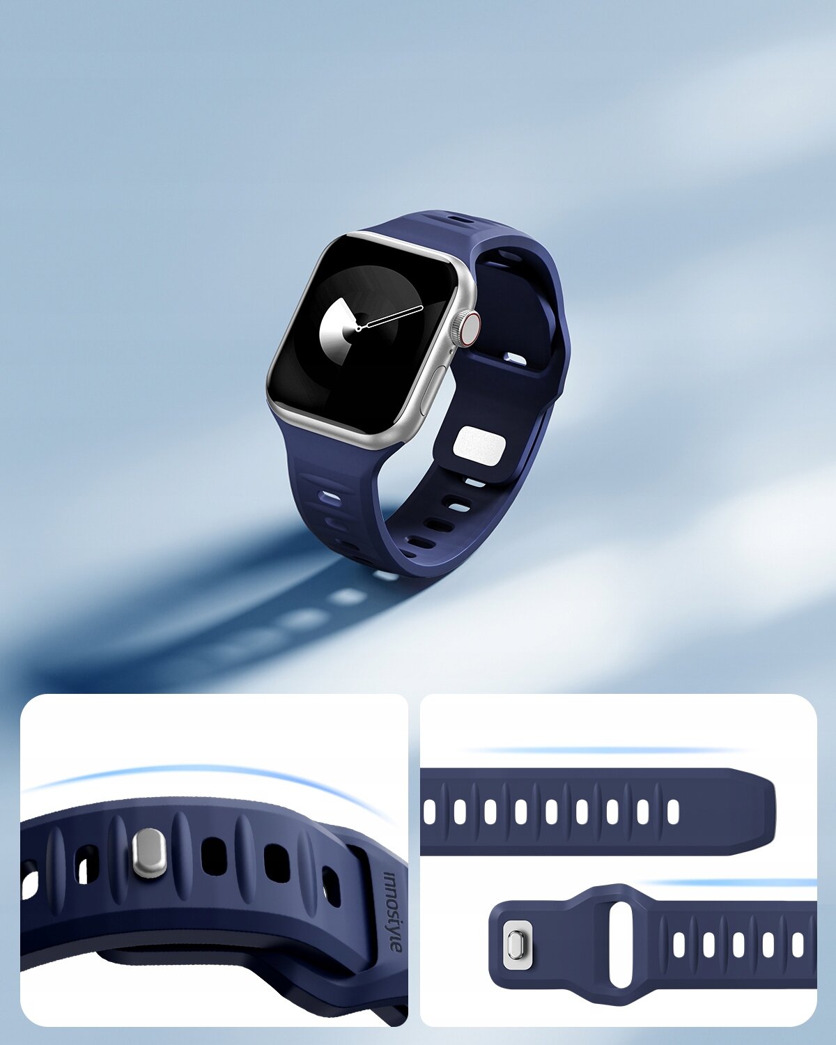 Na obrazie widoczny jest smartwatch z granatowym silikonowym paskiem. Dodatkowo pokazane są zbliżenia na detale paska z napisem \'innostyle\'.