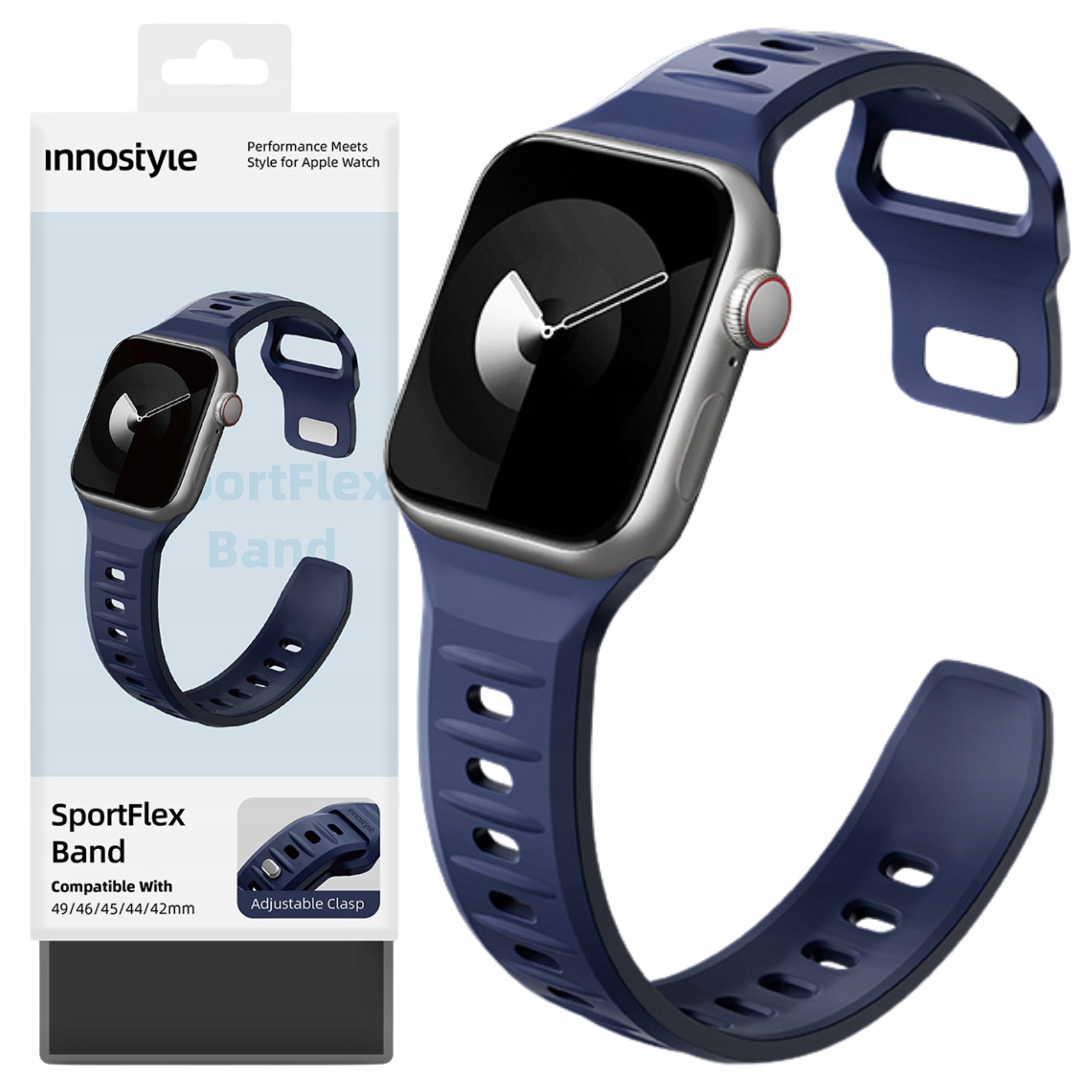Granatowy silikonowy pasek do smartwatcha z regulowanym zapięciem, widoczny na opakowaniu z logo \'innostyle\'. Opakowanie zawiera tekst: \'SportFlex Band Compatible With 49/46/45/44/42mm\'.