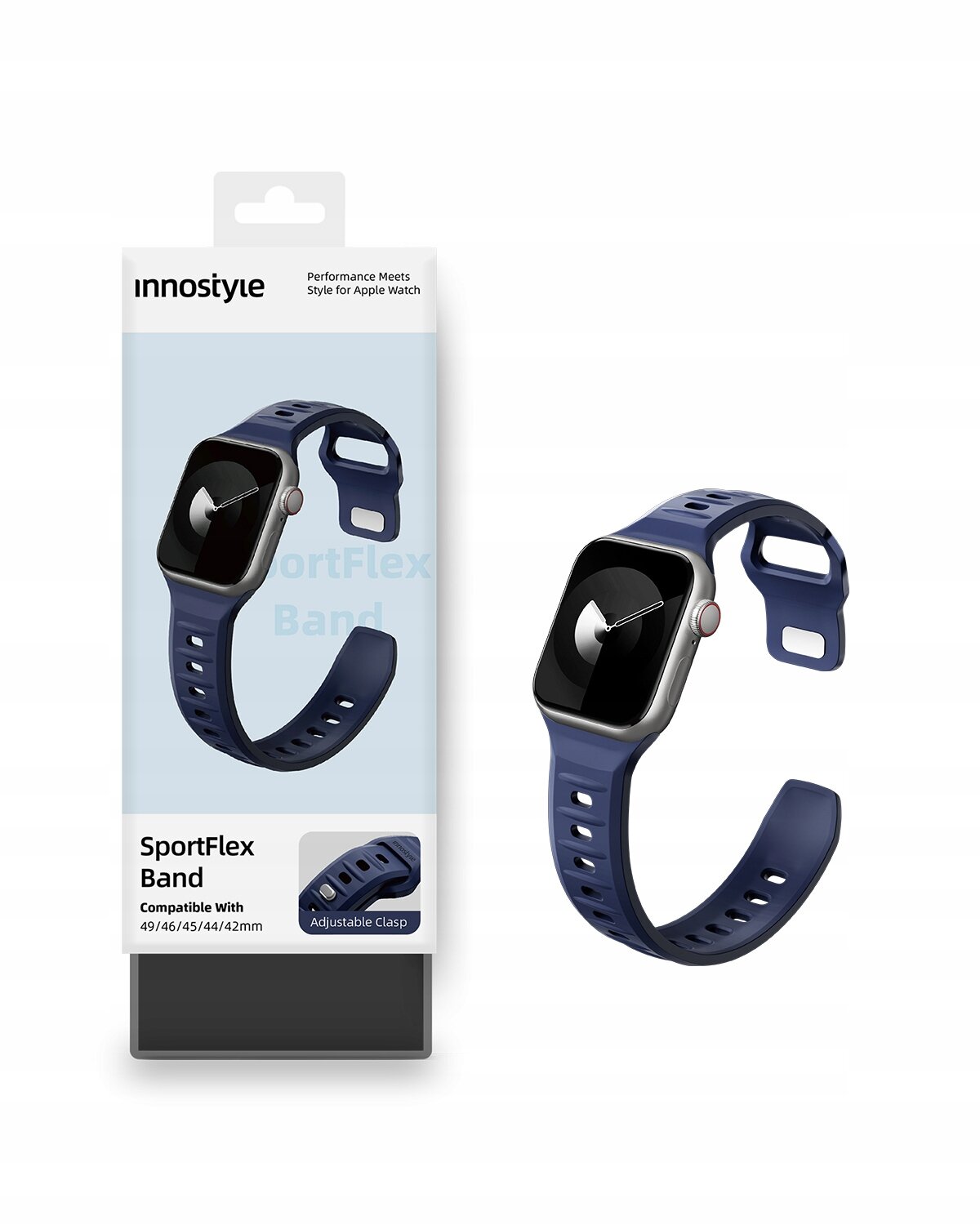 Na obrazie widoczny jest granatowy silikonowy pasek do smartwatcha, zaprezentowany na opakowaniu oraz obok niego. Opakowanie zawiera tekst: \'Innostyle\', \'SportFlex Band\', \'Compatible with 49/46/45/44/42mm\'.