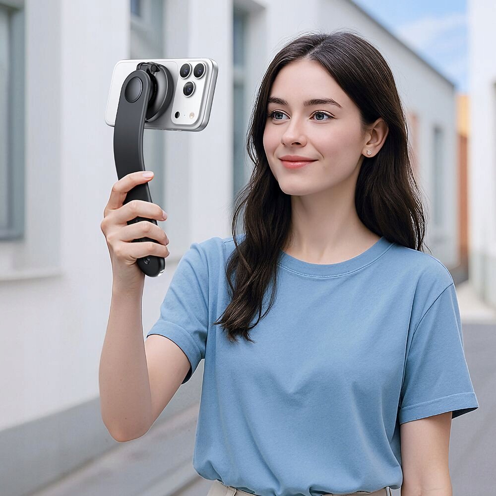 Osoba trzymająca telefon zamocowany na czarnym uchwycie, stojąca na zewnątrz w pobliżu budynków.