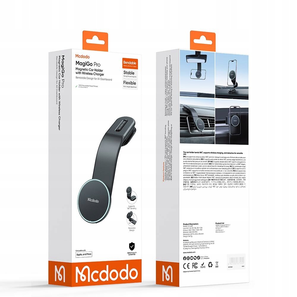 Opakowanie produktu Mcdodo MagiGo Pro Magnetic Car Holder with Wireless Charger z widocznym uchwytem na telefon. Na opakowaniu znajdują się zdjęcia uchwytu zamontowanego w samochodzie oraz tekst opisujący produkt.