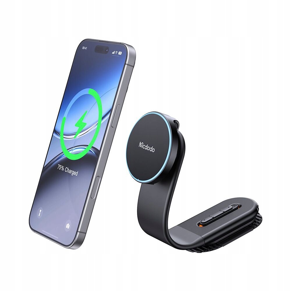 Na obrazie widoczny jest telefon z wyświetlonym symbolem ładowania i napisem \'75% Charged\', obok znajduje się uchwyt na telefon z logo \'Mcdodo\'.