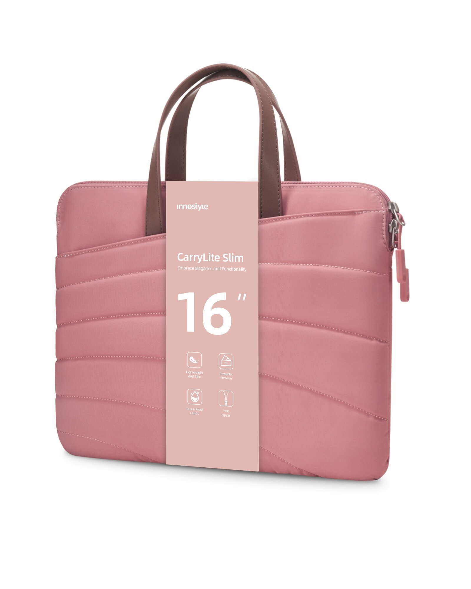 Różowa torba na laptopa z brązowymi uchwytami, oznaczona etykietą \'innostyle CarryLite Slim 16\