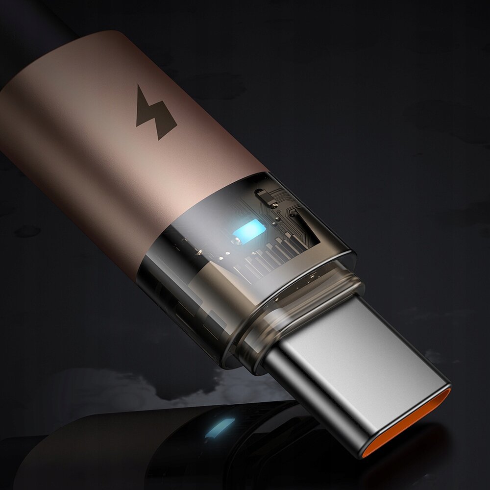 Zbliżenie na końcówkę kabla USB-C z metaliczną obudową i widocznym symbolem błyskawicy. Wewnątrz obudowy widać elementy elektroniczne i niebieskie podświetlenie.
