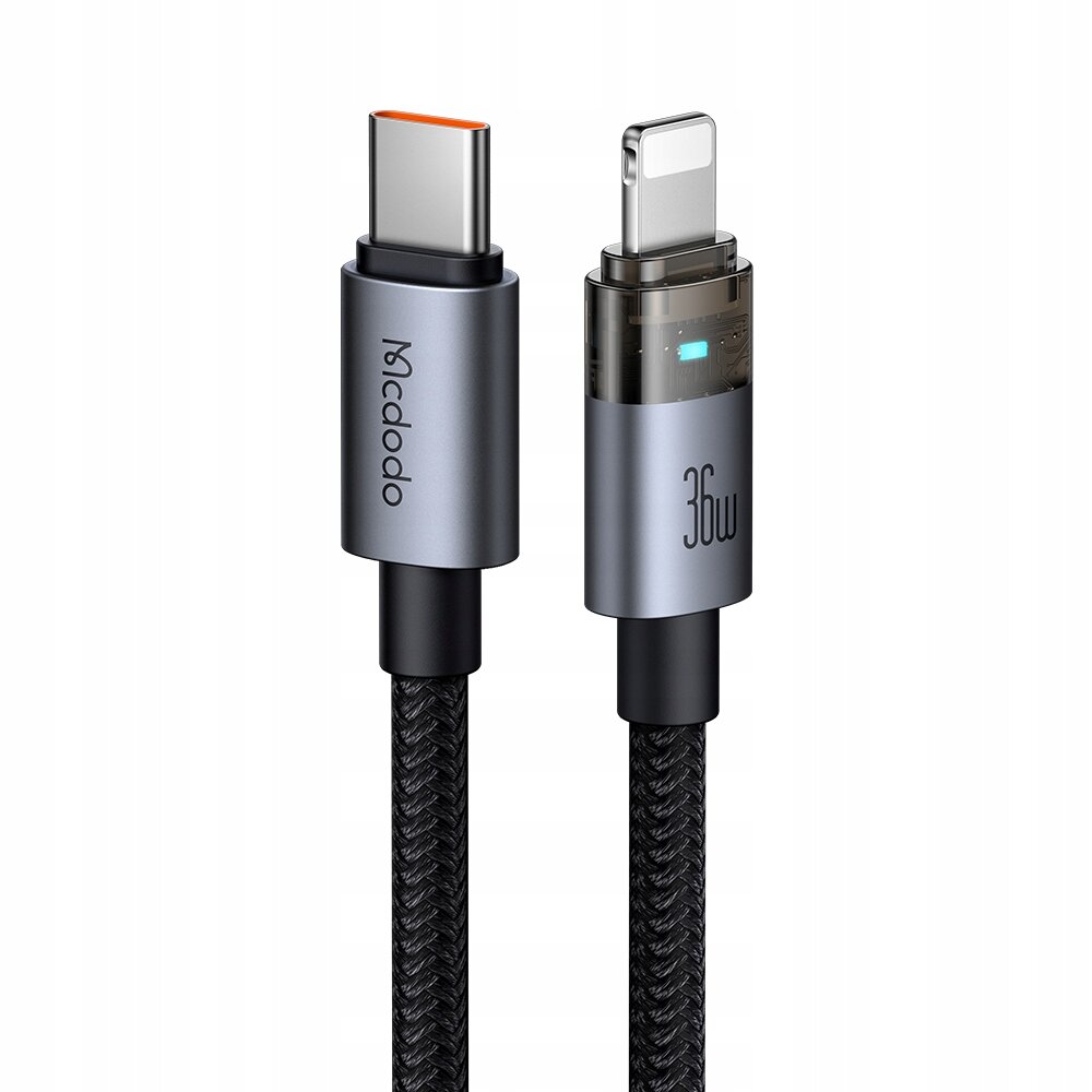 Obraz przedstawia dwa końce kabla USB-C i Lightning z plecionym czarnym przewodem. Na jednym z końców widoczne jest logo \'Mcdodo\' oraz oznaczenie \'36W\'.