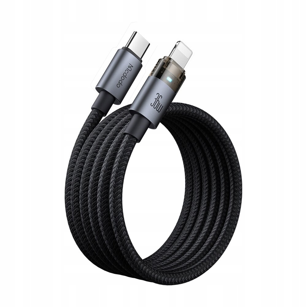 Czarny kabel USB-C z plecionym oplotem, z jednym końcem USB-C i drugim Lightning. Na końcówkach widoczne są napisy \'Mcdodo\' i \'36W\'.