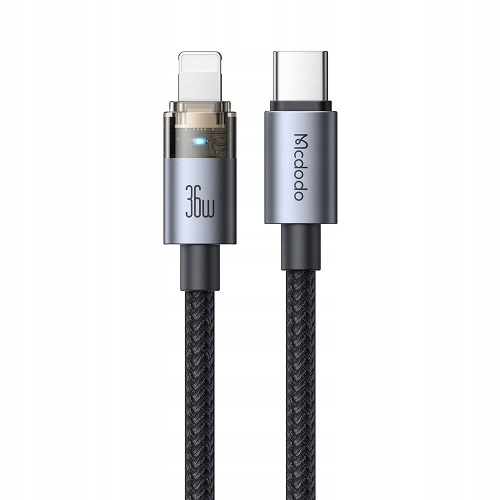 Na obrazie widoczne są dwa końce kabla: jeden z wtyczką Lightning z oznaczeniem \'36W\' i drugi z wtyczką USB-C z napisem \'Mcdodo\'. Kabel ma czarny, pleciony oplot.