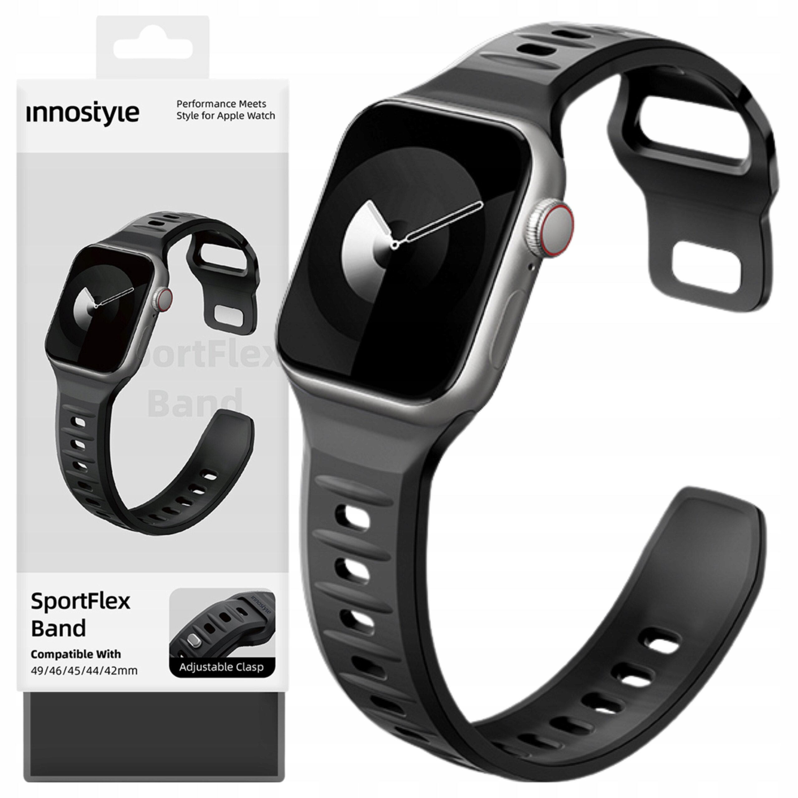 Obraz przedstawia czarny silikonowy pasek do smartwatcha z dużym ekranem, obok znajduje się opakowanie z napisem \'innostyle\' oraz \'SportFlex Band Compatible With 49/46/45/44/42mm\'.