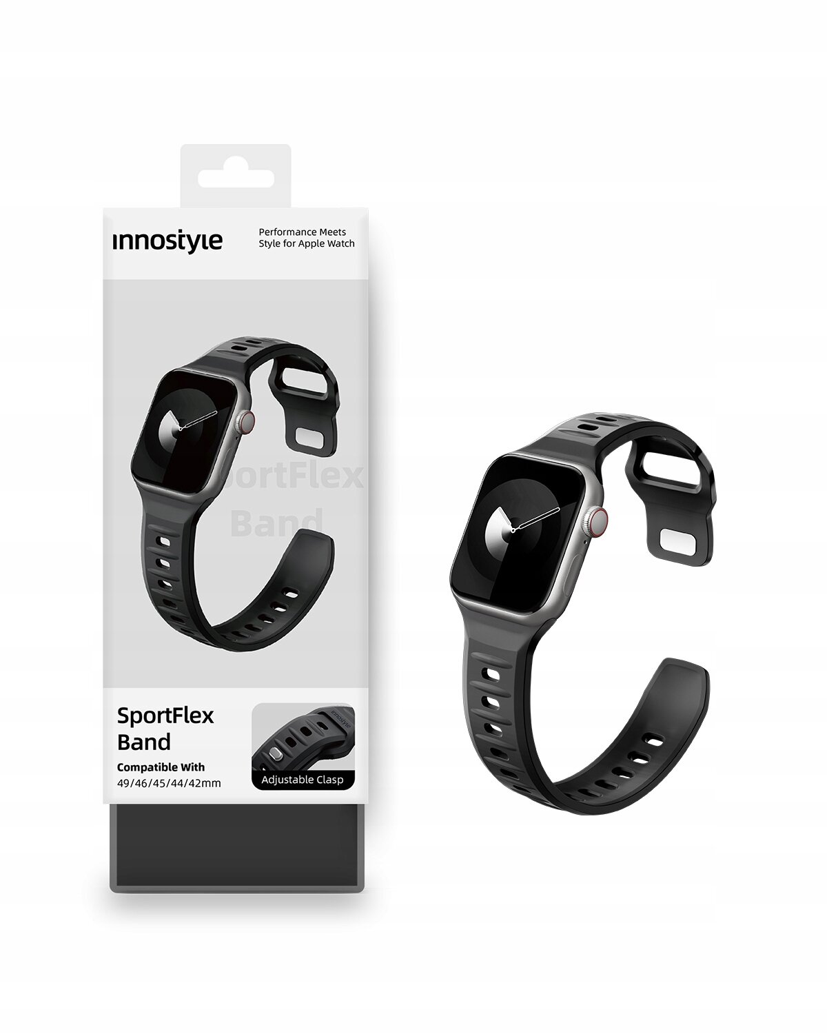 Obraz przedstawia czarny silikonowy pasek do smartwatcha z opakowaniem. Na opakowaniu widnieje napis \'Innostyle SportFlex Band Compatible With 49/46/45/44/42mm Adjustable Clasp\'.