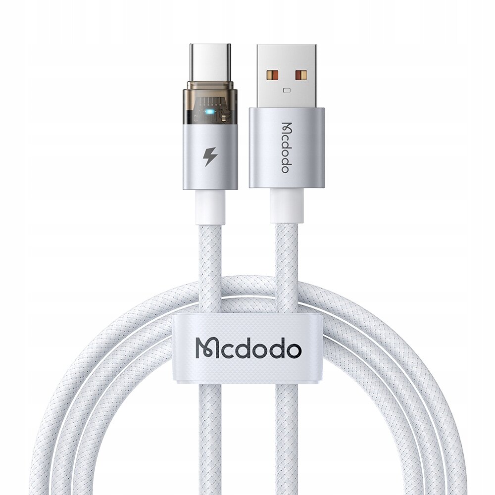 Biały kabel USB z końcówkami USB-A i USB-C, z widocznym logo \'Mcdodo\' na obu końcówkach oraz na opasce spinającej kabel. Na jednej z końcówek znajduje się symbol błyskawicy.