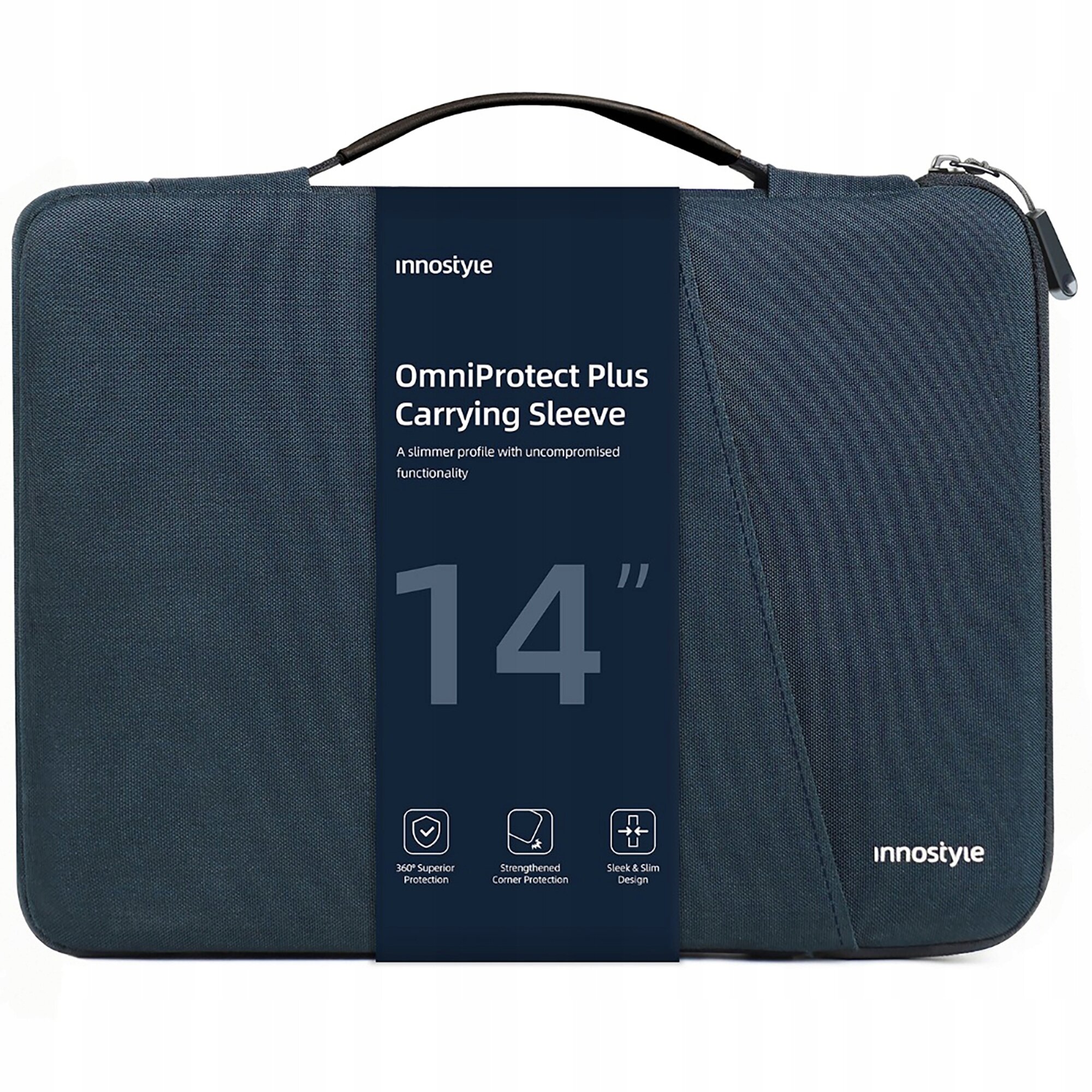 Niebieska torba na laptopa z uchwytem, oznaczona jako \'Innostyle OmniProtect Plus Carrying Sleeve 14\