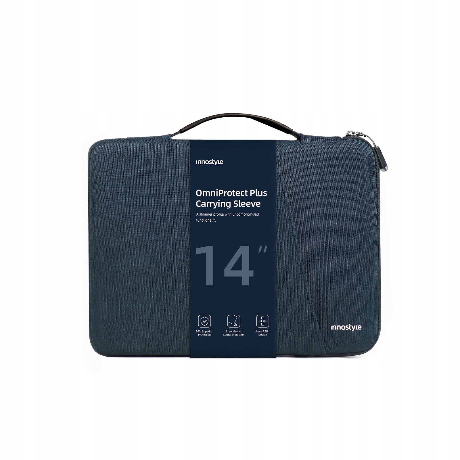 Niebieska torba na laptopa z uchwytem, oznaczona jako \'OmniProtect Plus Carrying Sleeve 14\