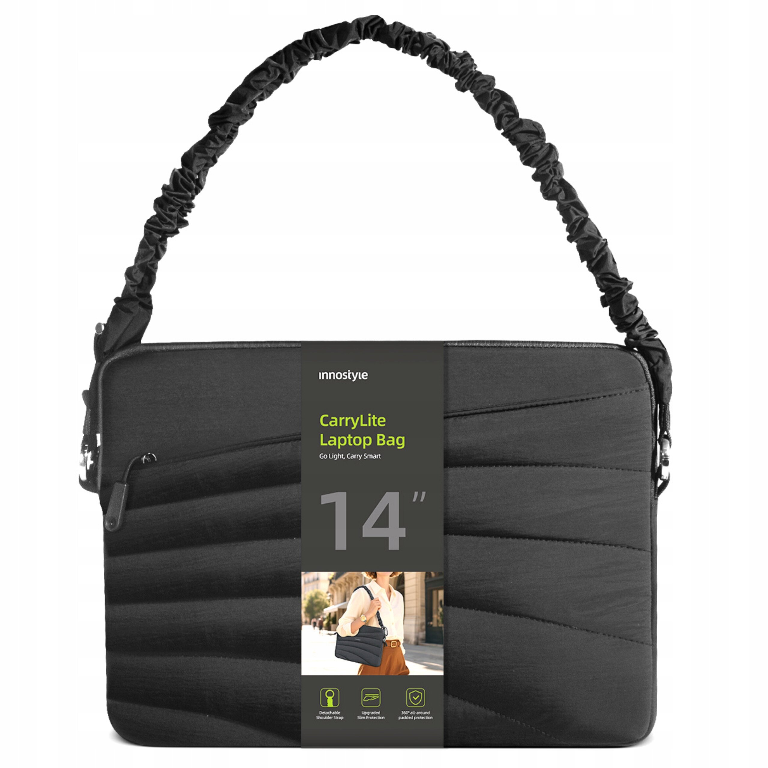 Czarna torba na laptopa z marszczonym paskiem na ramię i oznaczeniem \'CarryLite Laptop Bag 14\
