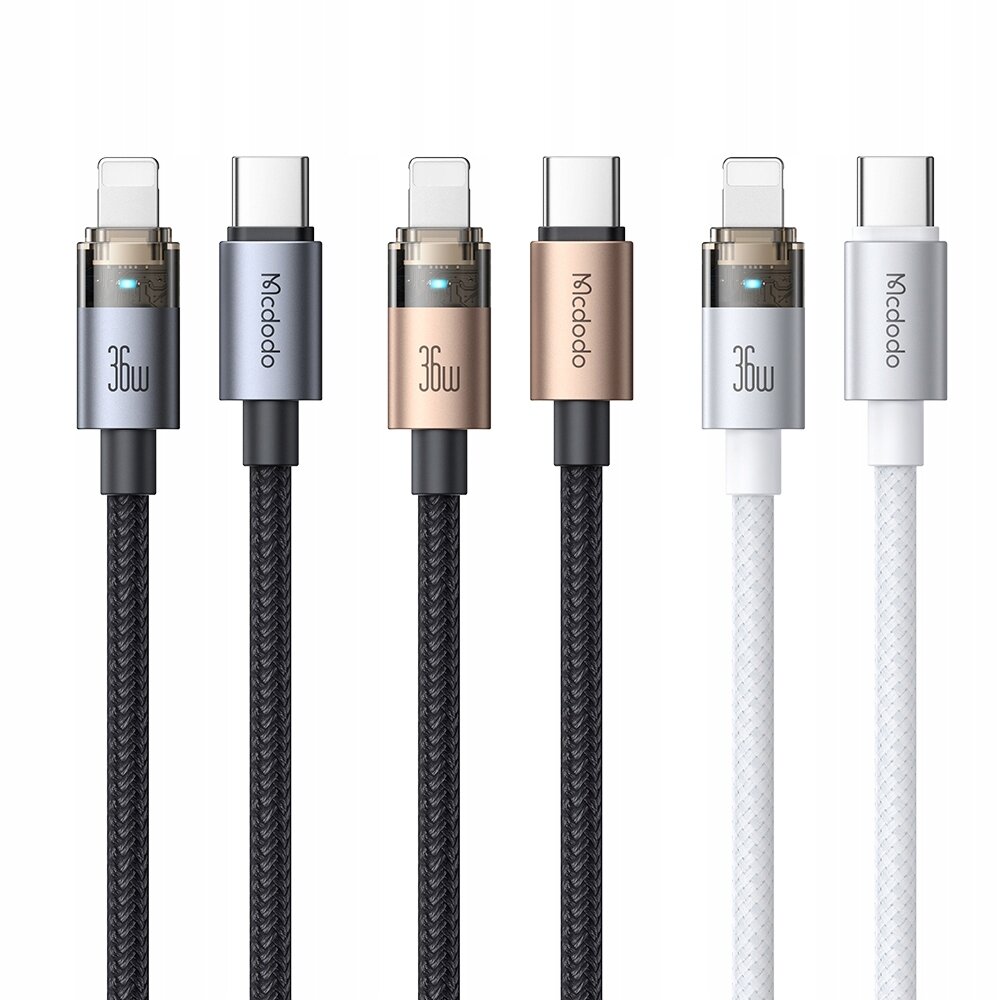 Zdjęcie przedstawia pięć kabli USB-C do iPhone Lightning o różnych kolorach, z widocznym napisem \'36W\' i logo \'Mcdodo\' na końcówkach. Kable mają plecioną strukturę i różne kolory: czarny, szary, złoty i biały.