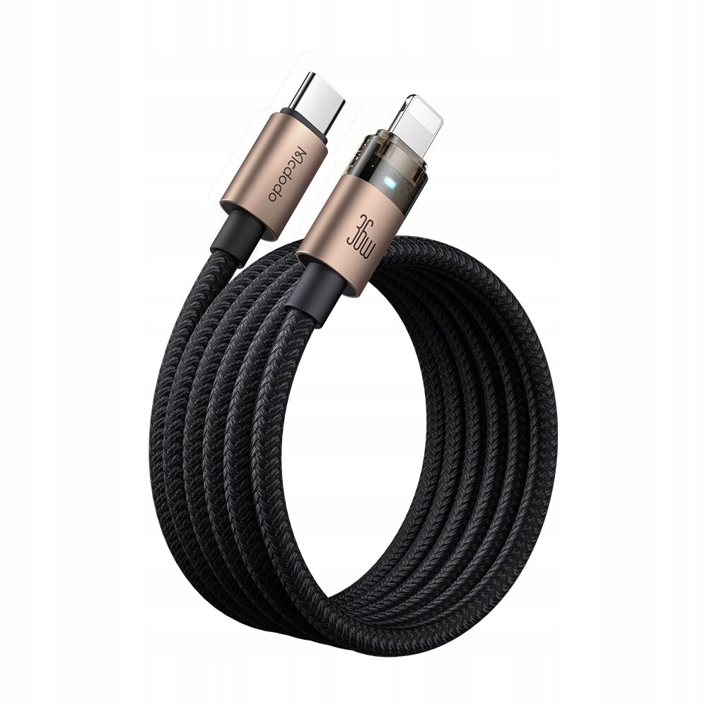 Czarny, pleciony kabel z końcówkami USB-C i Lightning, z oznaczeniami \'Mcdodo\' i \'36W\'.