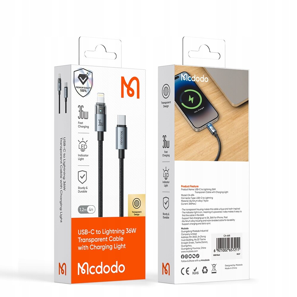Opakowanie produktu Mcdodo z kablem USB-C do Lightning 36W, z szybkim ładowaniem i wskaźnikiem LED. Na opakowaniu widoczne są informacje o trwałości kabla, jego długości 1,2m oraz przezroczystym designie.