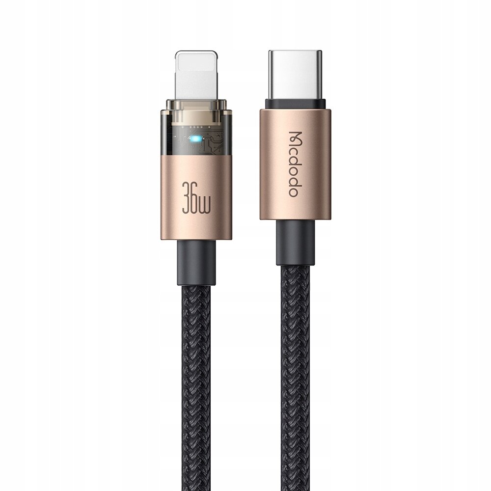 Obraz przedstawia dwa końce kabla USB-C i Lightning w kolorze złotym z czarnym oplotem. Na jednym z końców widoczny jest napis \'36W\', a na drugim \'Mcdodo\'.