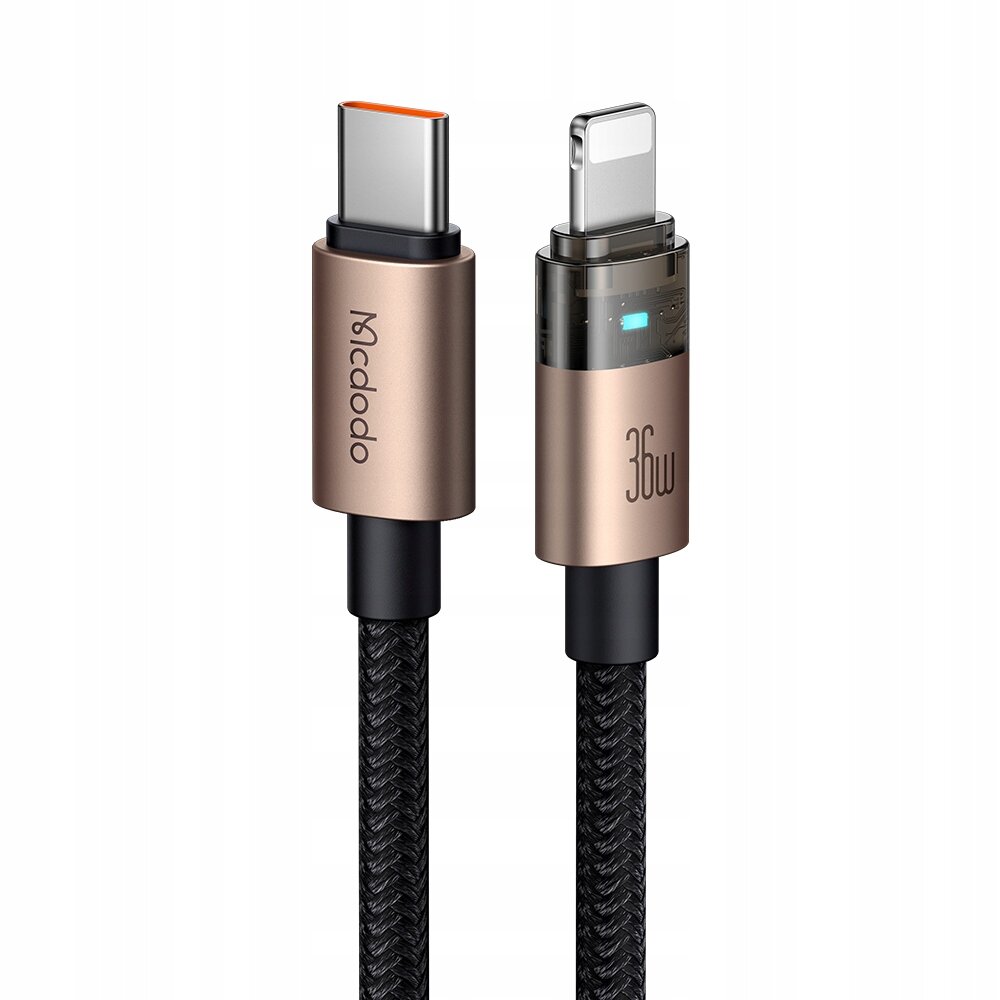 Obraz przedstawia dwa złącza kabla USB-C i Lightning w kolorze złotym z czarnym, plecionym przewodem. Na jednym złączu widoczne jest logo \'Mcdodo\', a na drugim napis \'36W\'.